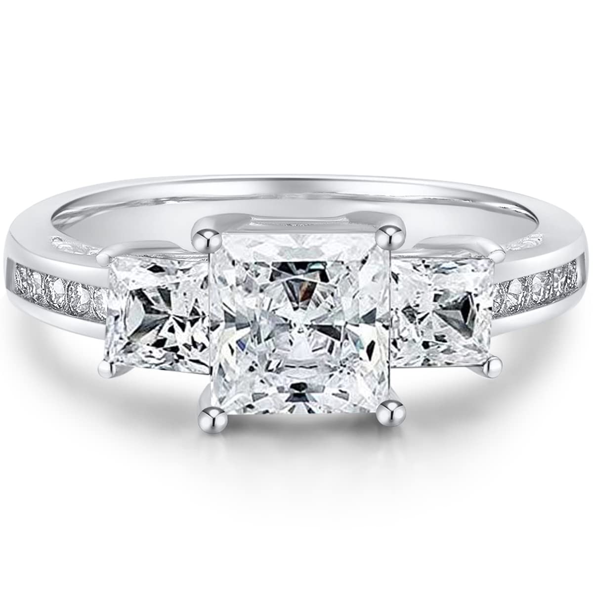 2.6 Carat (ctw) 3-Stone Princess Cut Moissanite Engagement Ring for Women - Platinum Plated Sterling Silver Wedding Band (Size 4.5-11) | Perfect Proposal Gift & Anniversary Jewelry