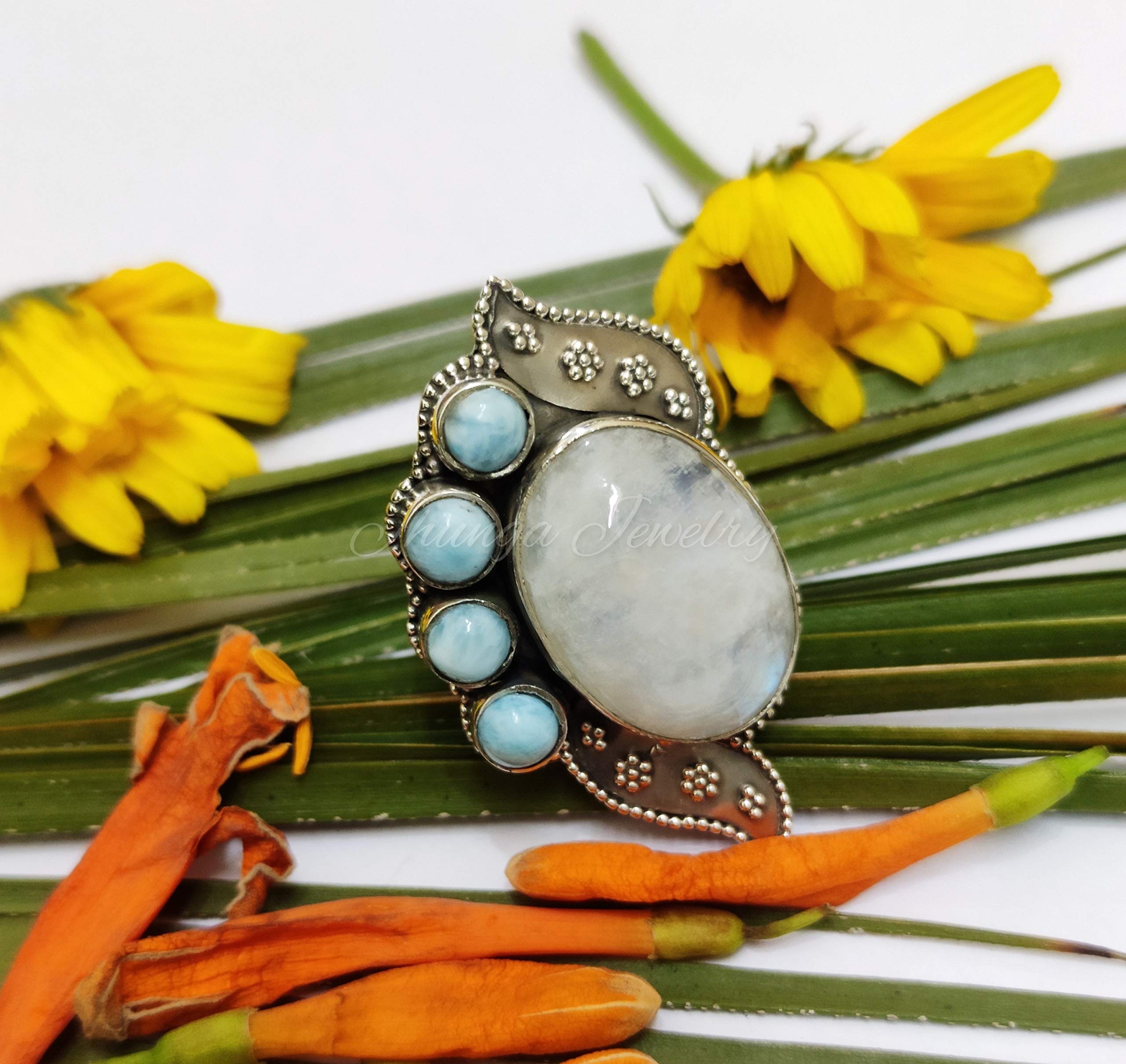 Natural Moonstone & Larimar Sterling Silver Ring - Antique Vintage Unique Jewelry - Five Stone Bohemian Statement Ring - Handmade Dominican Republic Larimar Jewelry - Perfect for Boho Chic Outfits, Beach Weddings & Spiritual Healing
