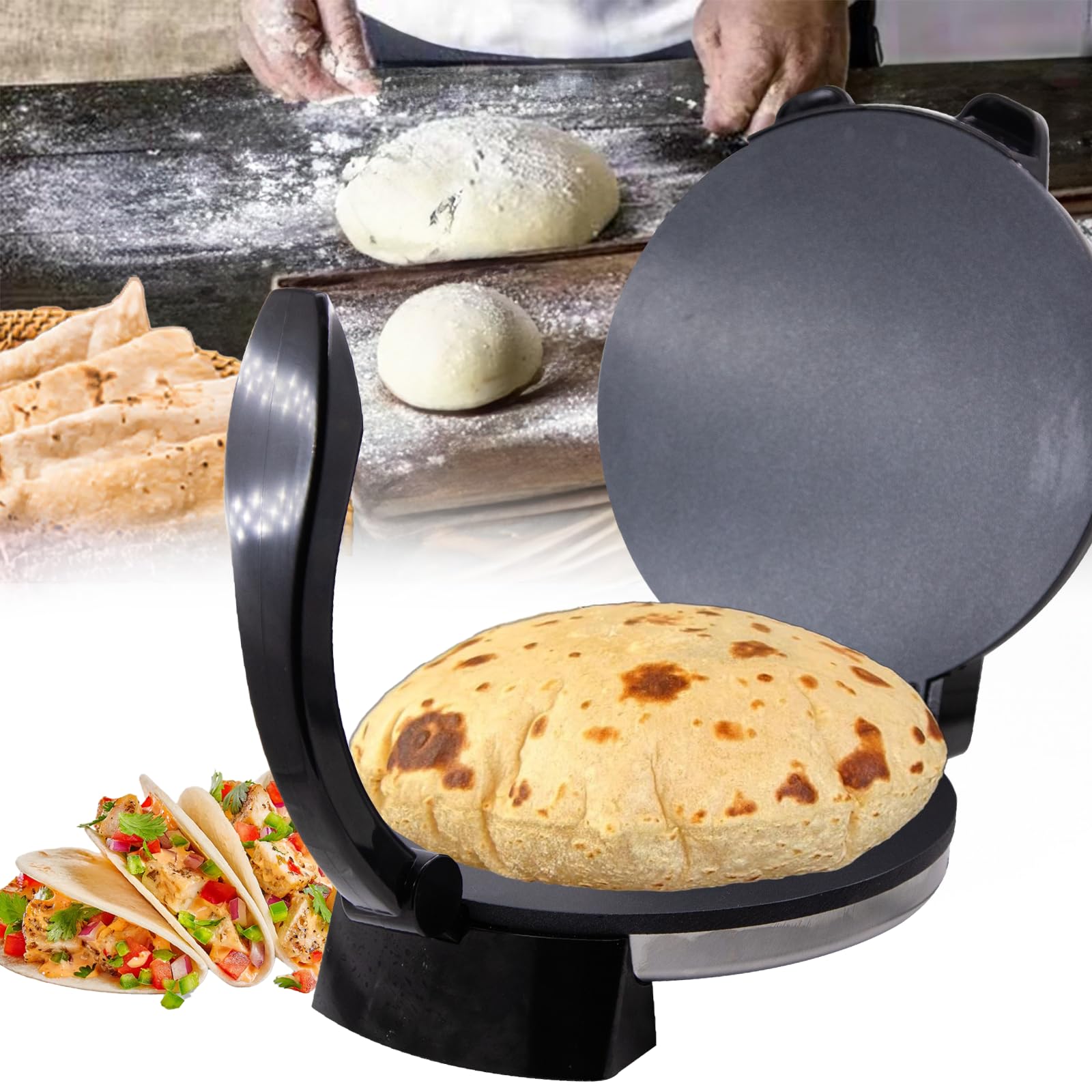 Electric Roti Maker Machine - 10 Inch Stainless Steel Tortilla Press with Removable Handle | Automatic Dough Press for Chapati, Naan & Flatbread | Perfect for Home Cooking, Restaurants & Meal Prep
