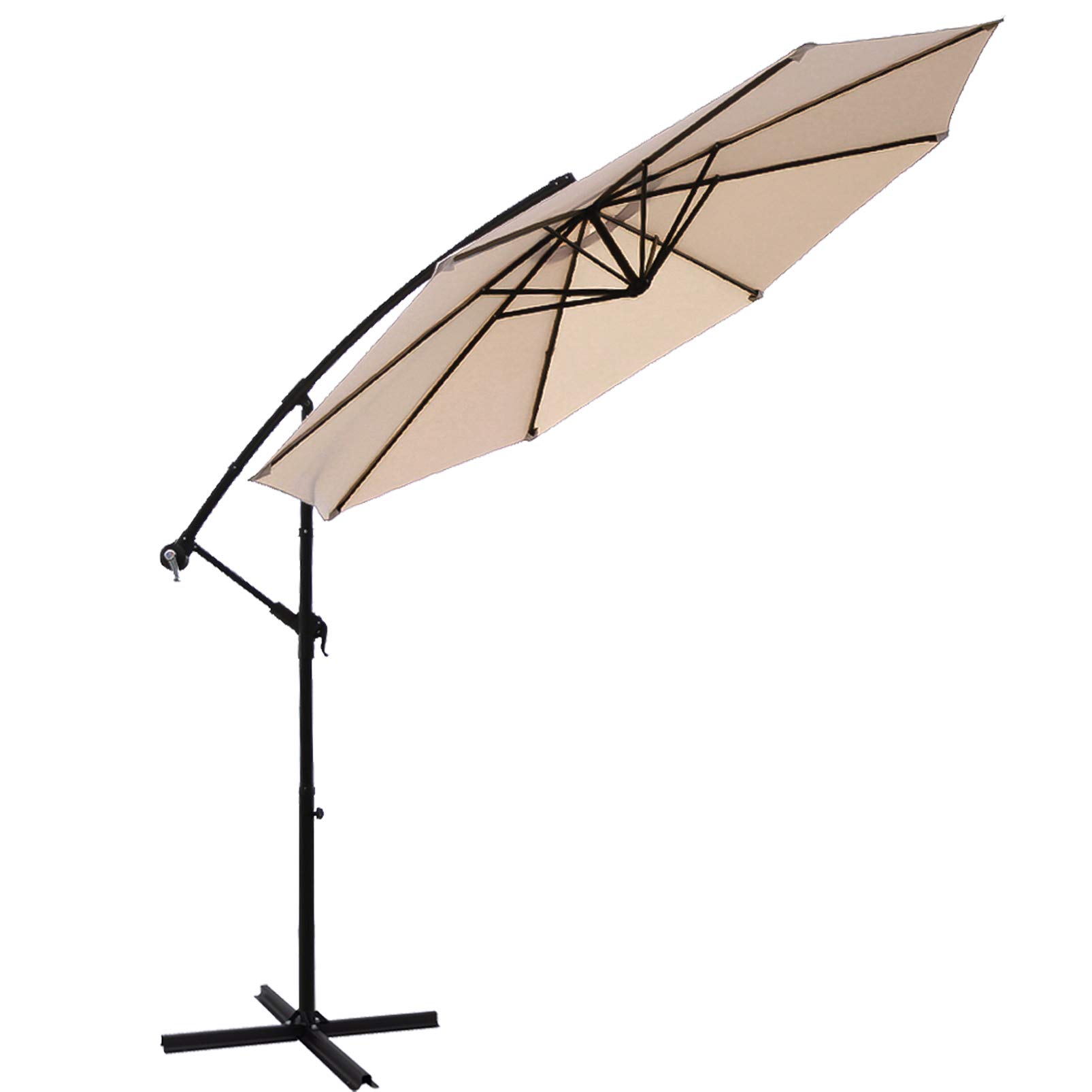 FLAME&SHADE 10ft Cantilever Offset Outdoor Patio Umbrella with Heavy Duty Cross Base Stand - Beige Sun Shade for Poolside, Garden, Deck & Backyard Relaxation