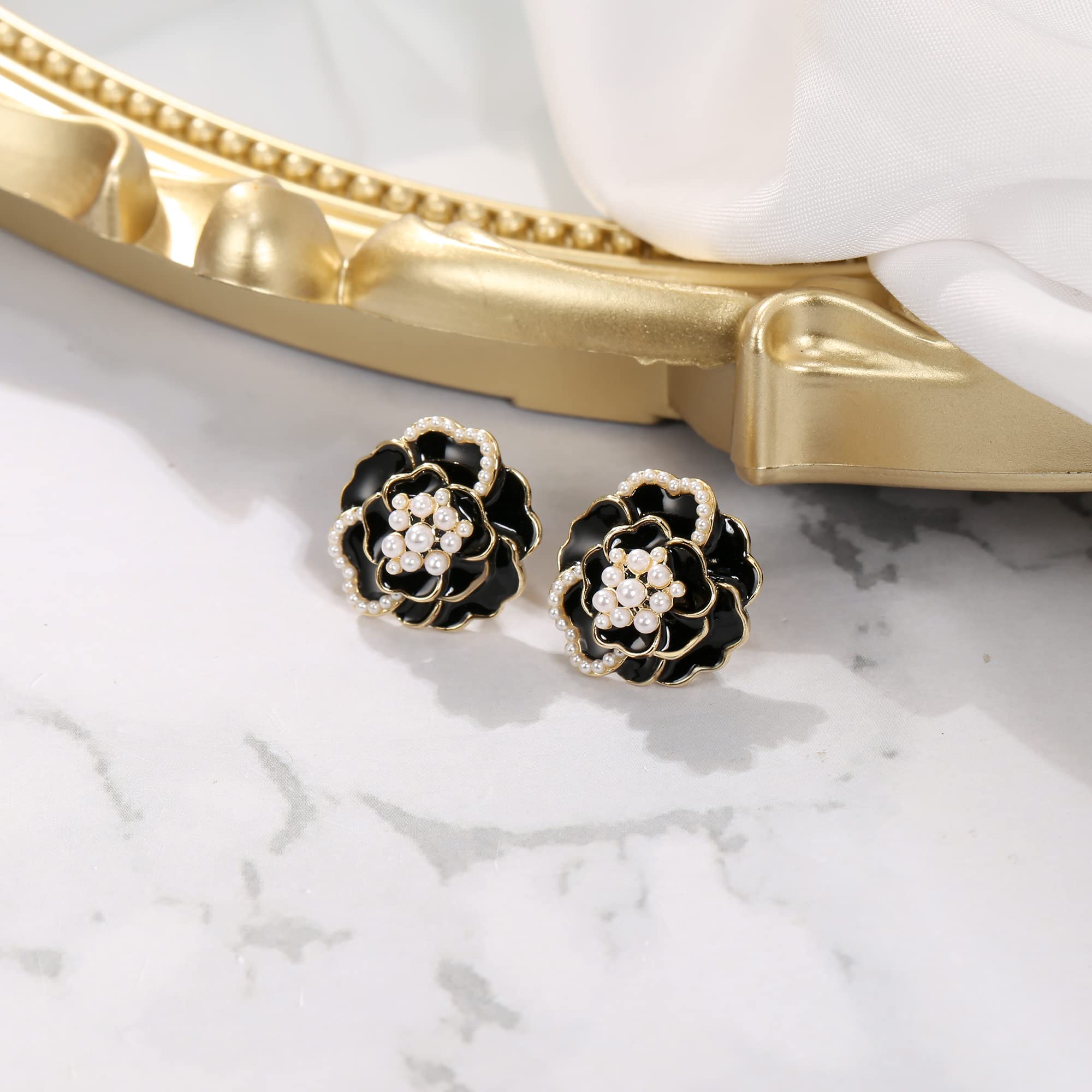 BriLove Fashion Simulated Pearl Enamel Rose Flower Stud Earrings for Women - Elegant Jewelry Gift for Brides, Party & Everyday Wear