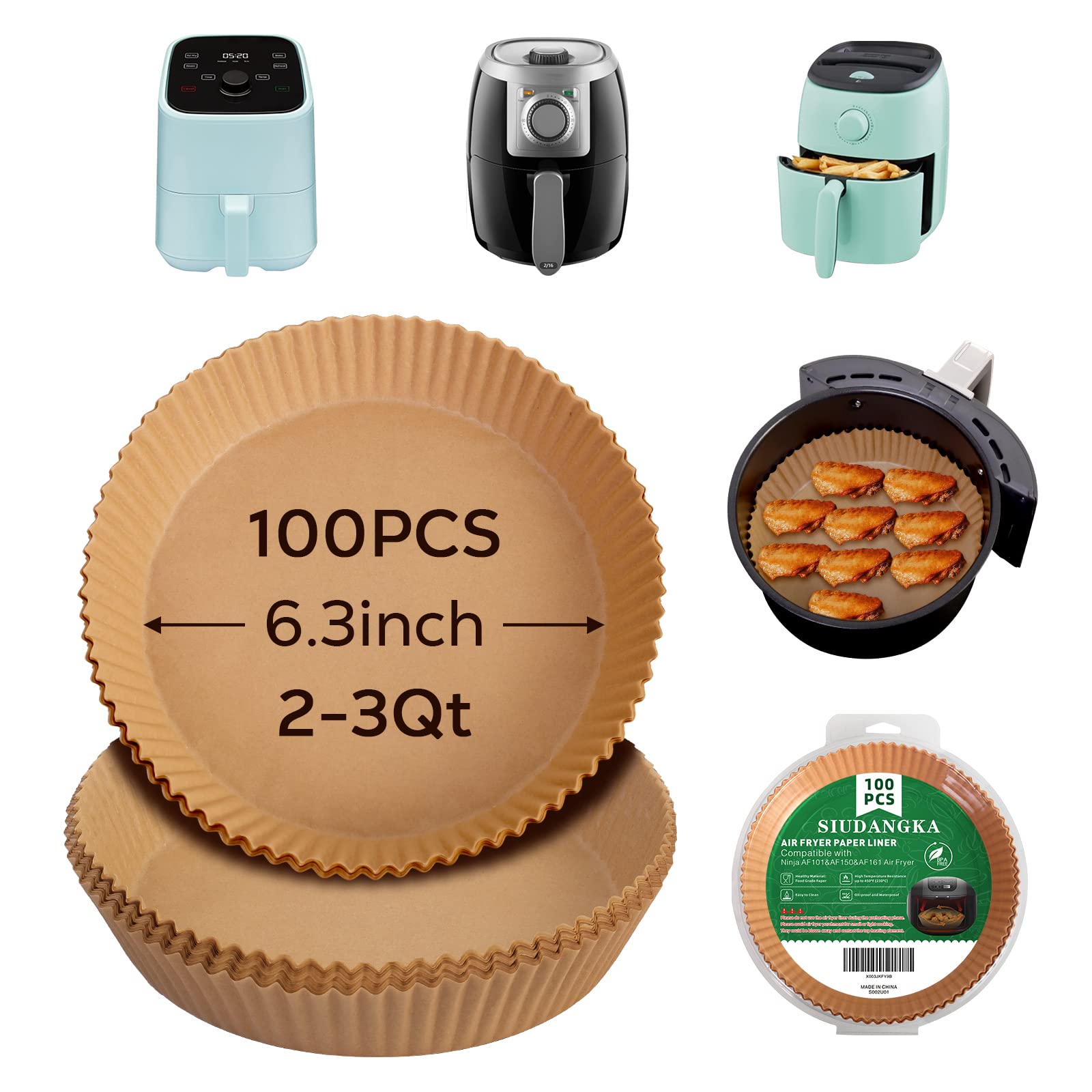 100 Pcs Non-Stick Mini Air Fryer Liners for 2QT - Compatible with Ninja AF080, COSORI 2.1, Instant Vortex 2-QT & CHEFMAN Small - Perfect for Healthy Cooking & Easy Cleanup