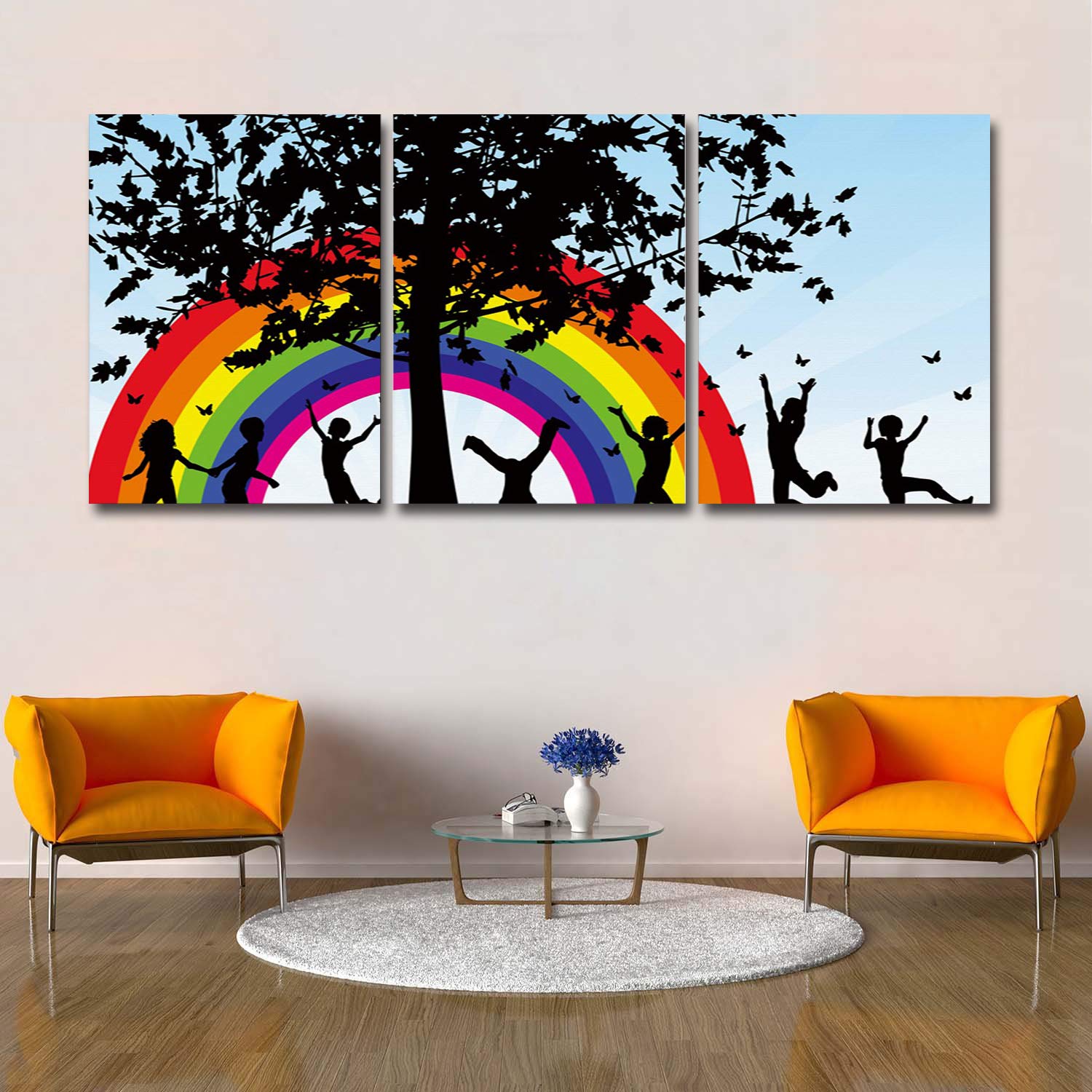 Children Playing Under Tree Rainbow Canvas Wall Art - Set of 3 Framed Giclee Prints 16x24 Inch - Nursery, Bedroom, Living Room Decor for Kids & Family Spaces