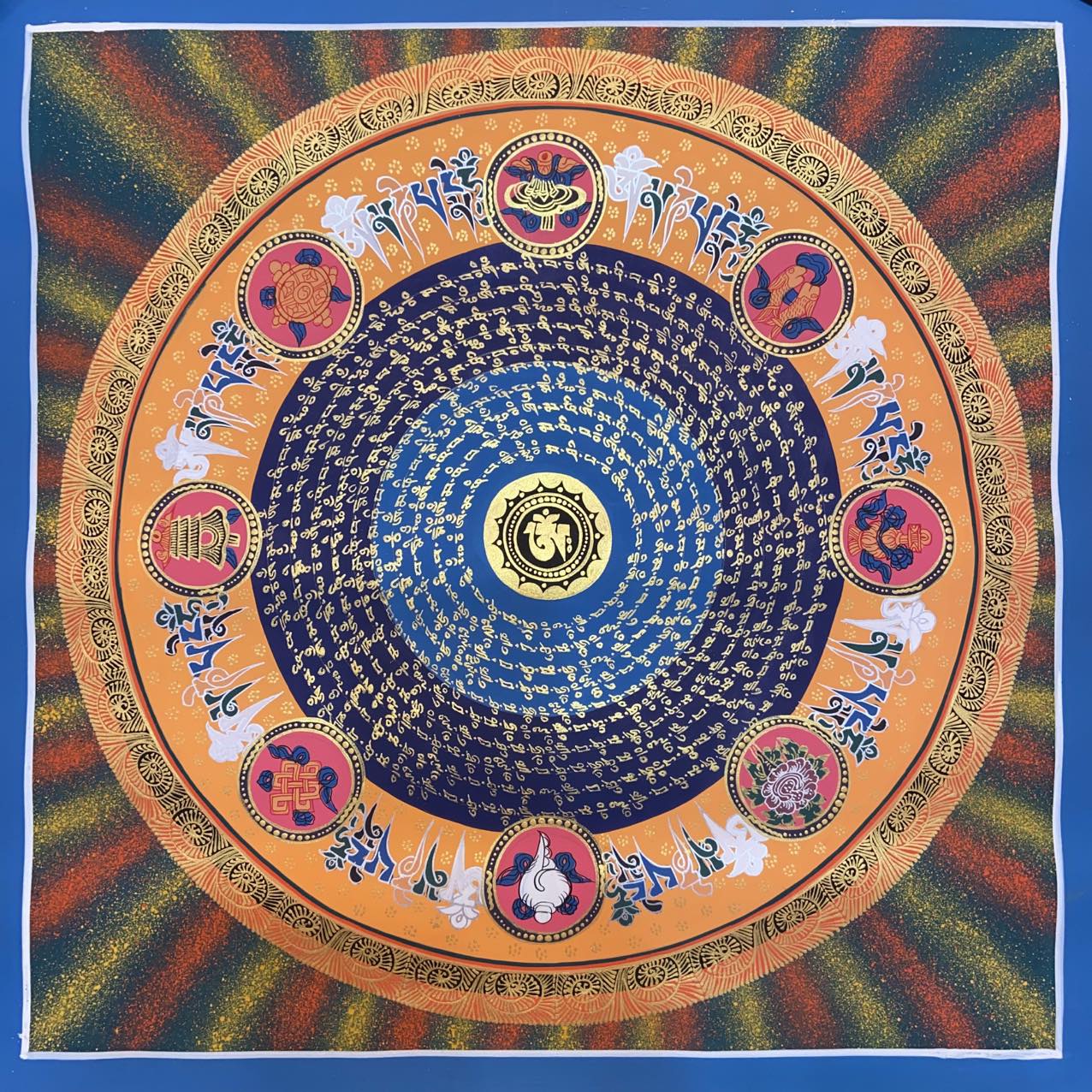 Om Mantra Mandala Thangka Wall Art - Handmade Tibetan Buddhist Spiritual Decor for Meditation & Yoga Room, Home, Office