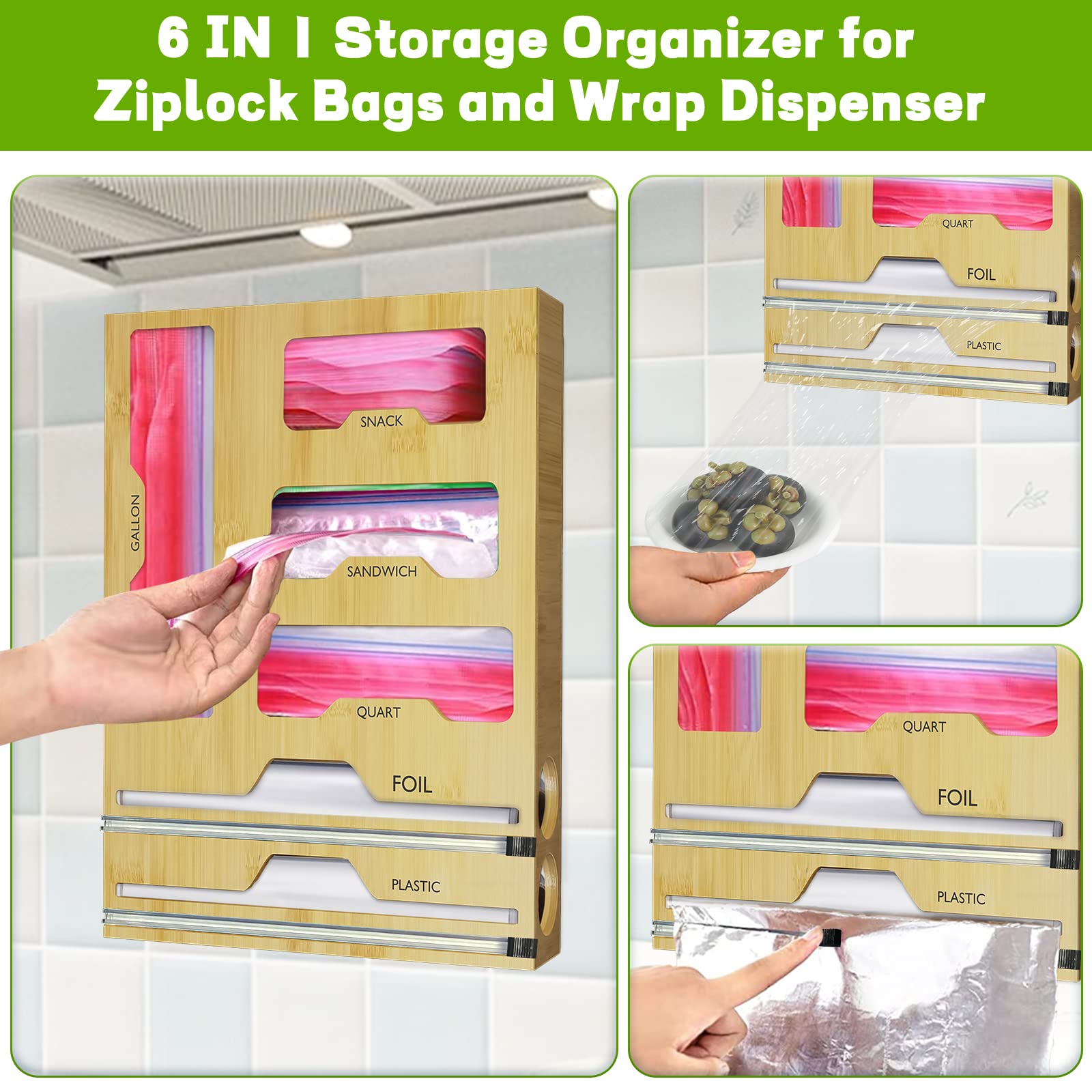 6-in-1 Kitchen Wrap Organizer Set - Foil & Plastic Wrap Dispenser with Cutter + 4 Storage Bags for Ziplock - Perfect for Kitchen Drawer Organization & Food Storage