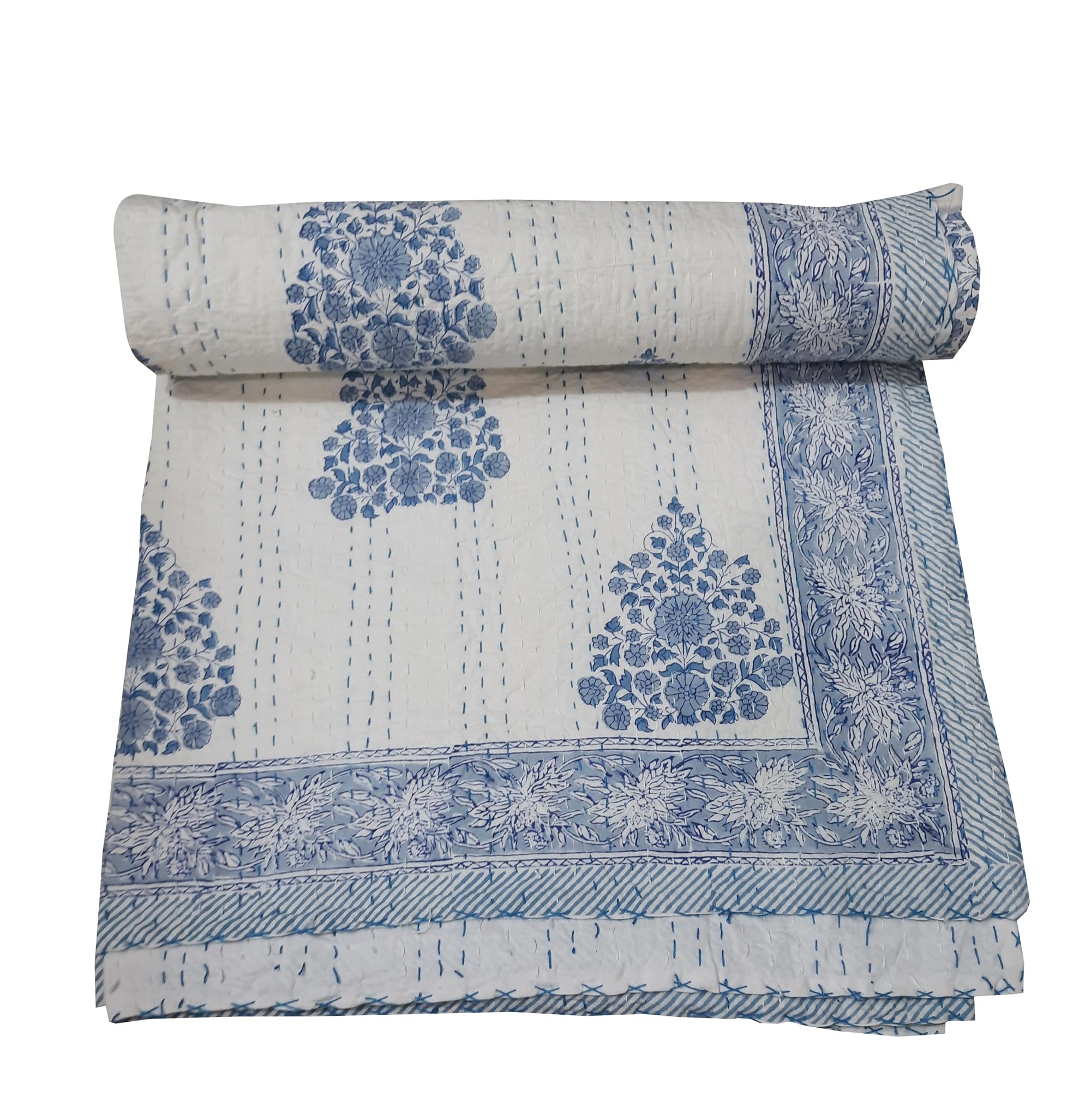 Handmade Indian Kantha Quilt - 100% Cotton King/Queen Size (90x108 Inch) Block Print Bedspread, Bed Cover & Blanket - Perfect for Boho Bedroom Decor, Guest Room Luxury or Cozy Living Room Throw