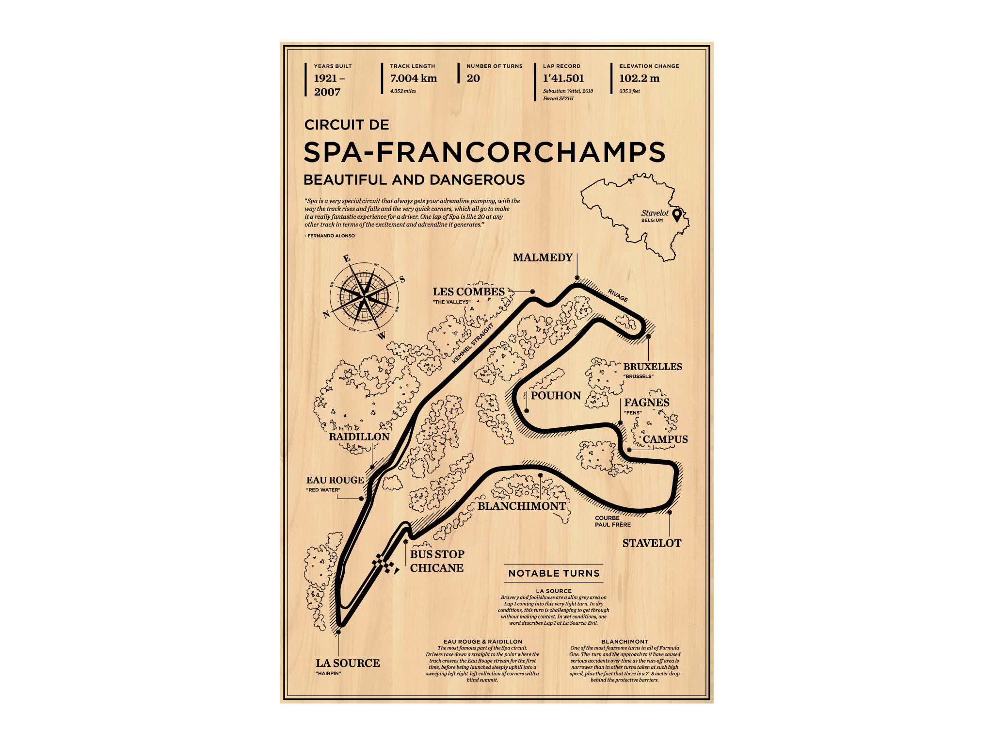 Spa Francorchamps Wooden Wall Art - Formula 1 Racing Circuit Mural for Home & Office Decor - Perfect for Motorsport Fans & Racing Enthusiasts
