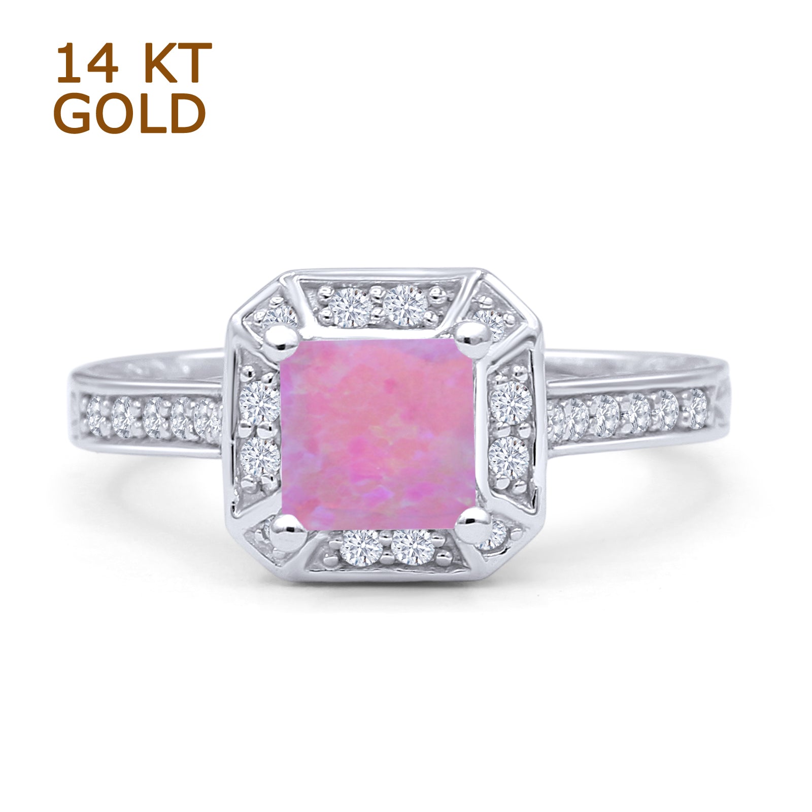 14K White Gold Art Deco Princess Cut Halo Lab-Created Pink Opal Ring for Women - Elegant Vintage Engagement, Wedding, Anniversary & Special Occasion Jewelry Gift