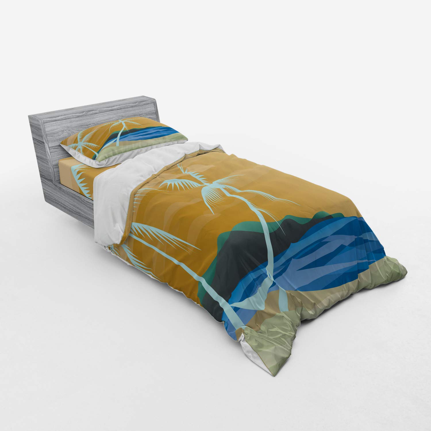 Ambesonne Tropical Beach Duvet Cover Set - 3 Piece Bedding with Sham & Fitted Sheet, Twin Size Navy Cream, Hammock & Ocean Print - Perfect for Coastal Bedrooms, Vacation Homes & Summer Decor