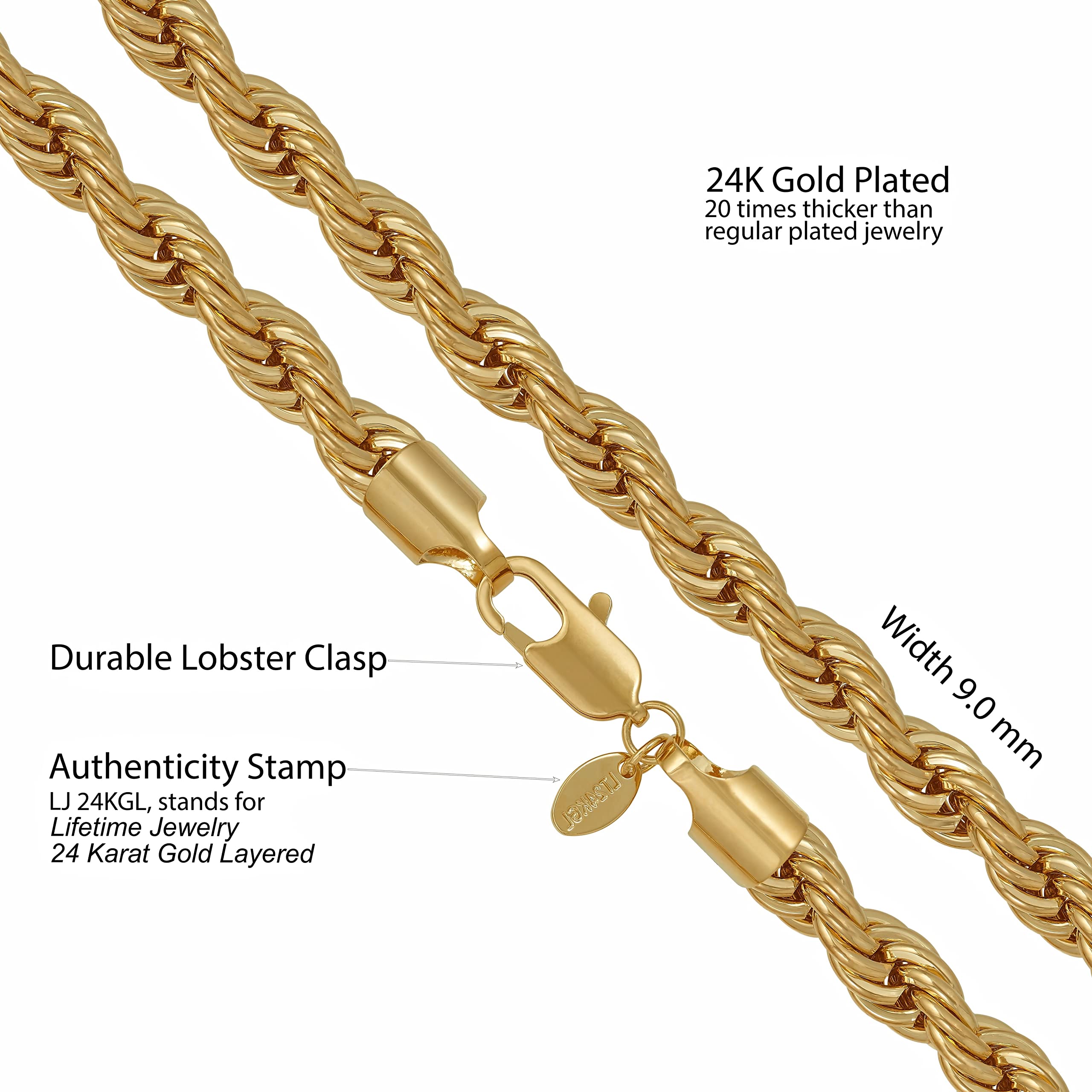 24K Real Gold Plated 9mm Rope Chain Necklace for Women & Men - Lifetime Jewelry for Everyday Wear, Gifts & Special Occasions