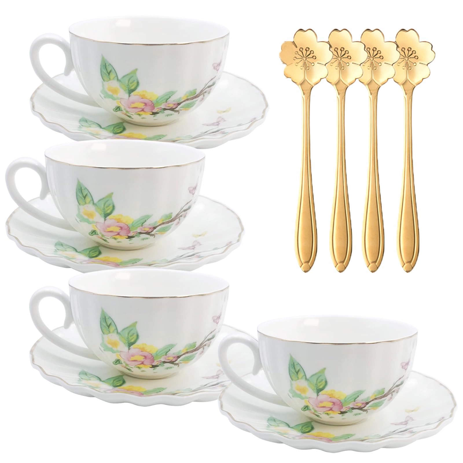 **Elegant Floral Tea Cup and Saucer Set of 4 - 7oz Gold Trim Coffee, Cappuccino & Espresso Mugs - Perfect for Women's Tea Party, Afternoon Tea, Home & Office Use (Pumpkin Design)**
