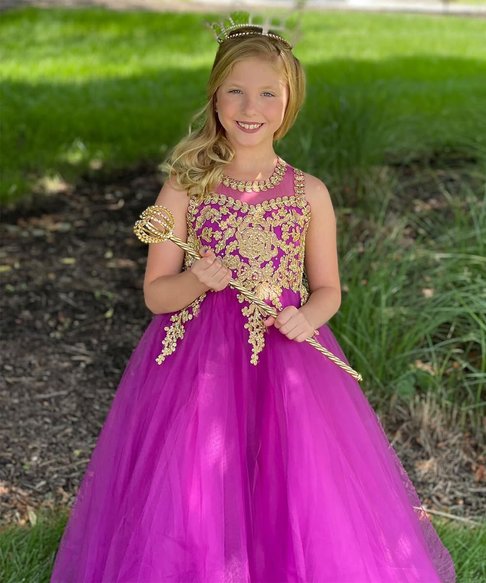 Elegant Gold Lace Burgundy Tulle Pageant Dress for Girls - Formal Long Prom Ball Gown for Special Occasions, Weddings & Dance Performances