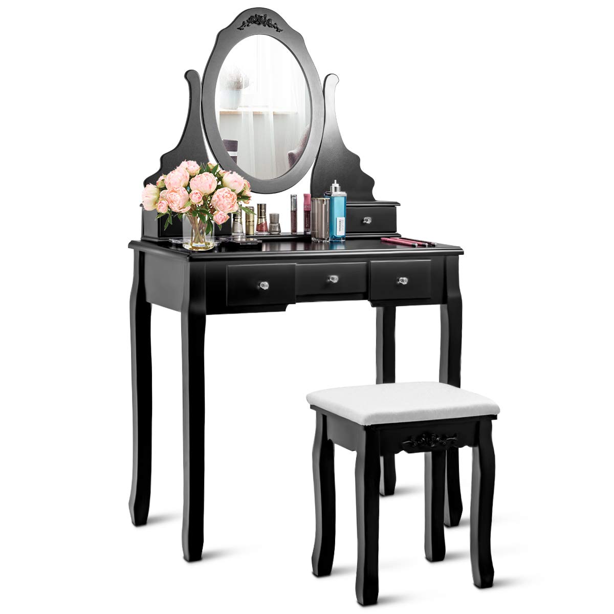Giantex Vanity Set with Oval Mirror & Cushioned Stool - Large Makeup Dressing Table with 5 Drawers & Mirrored Bedroom Vanity for Women, Girls, Kids - Easy Assembly (Black) - Perfect for Bedroom, Dorm, Apartment Makeup & Beauty Organization
