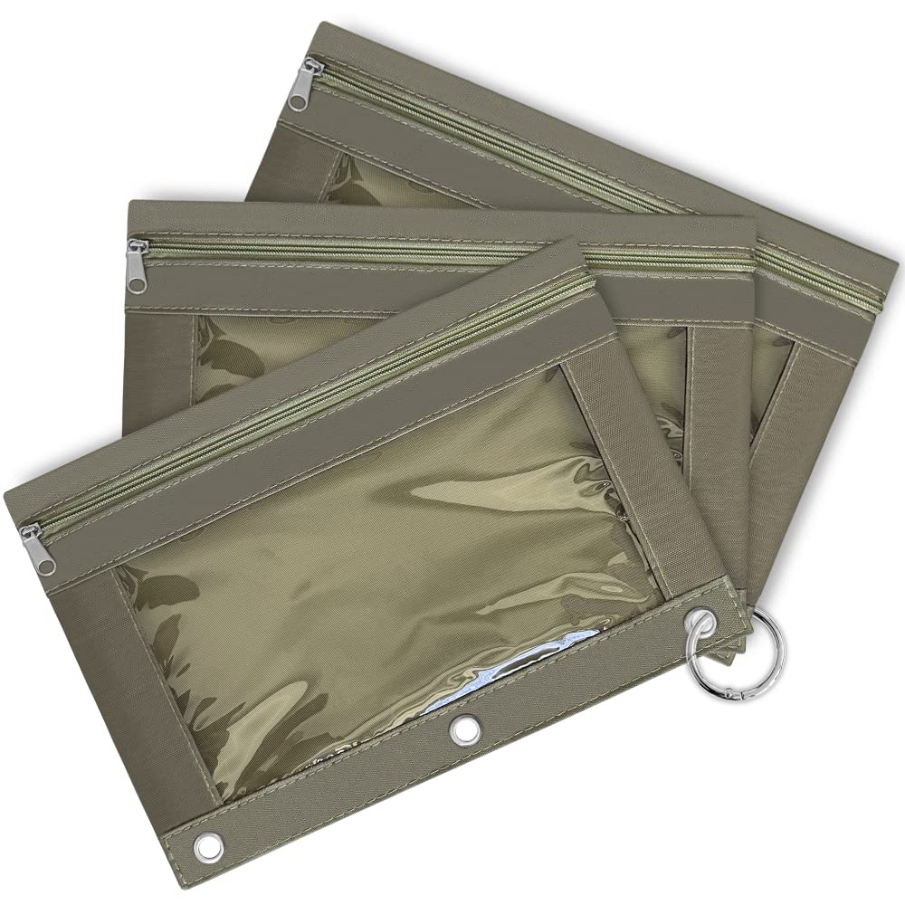 3-Pack Dark Grey 3-Ring Binder Pencil Pouch with Zipper Closure - Large Capacity Clear Window Pencil Case with Reinforced Grommets for School, Office & College Organization Supplies