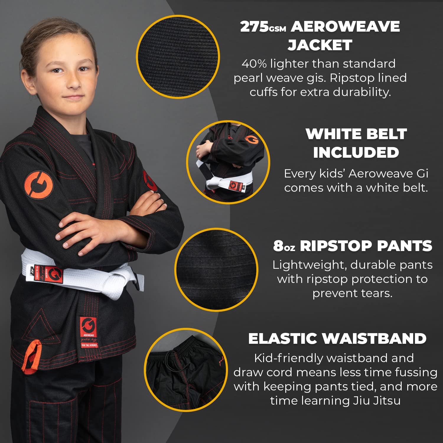 Premium Gold BJJ Kids Jiu Jitsu Gi with White Belt - Lightweight Aeroweave Youth Uniform for Boys & Girls | Ideal for Training, Competitions & Martial Arts Classes