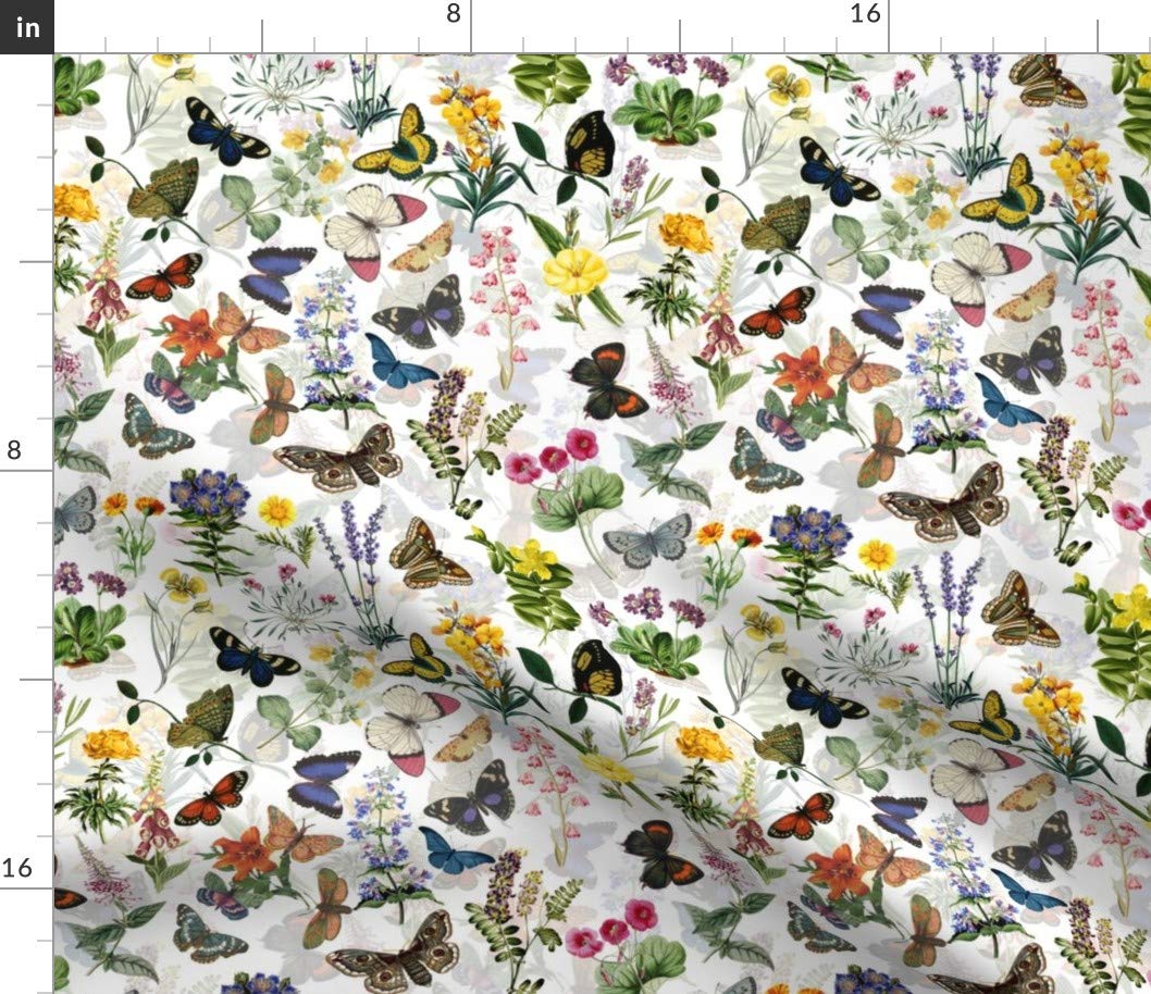 Butterflies Spring Garden Watercolor Vintage Printed Cotton Fabric - White & Colorful Petal Signature Fat Quarter for Sewing, Quilting, Apparel, Crafts & Home Decor | Perfect for DIY Dresses, Curtains, Pillows & Scrapbooking
