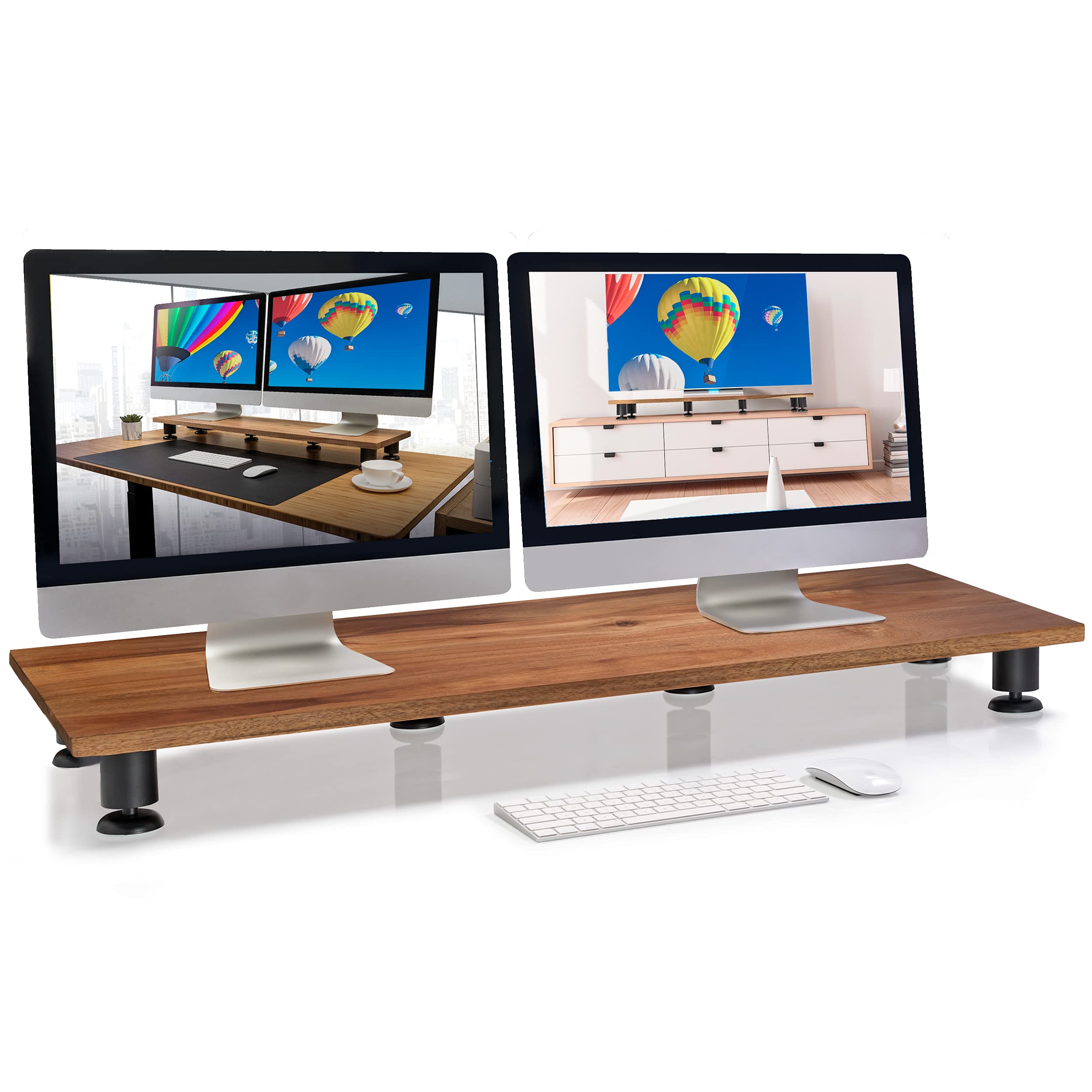 Premium Nordik Large Dual Monitor Riser for 2 - Handmade Acacia Hardwood Computer & Laptop Stand with Storage - Desk Organizer for TV, Monitors & Office Accessories - Perfect for Home Office & Gaming Setup