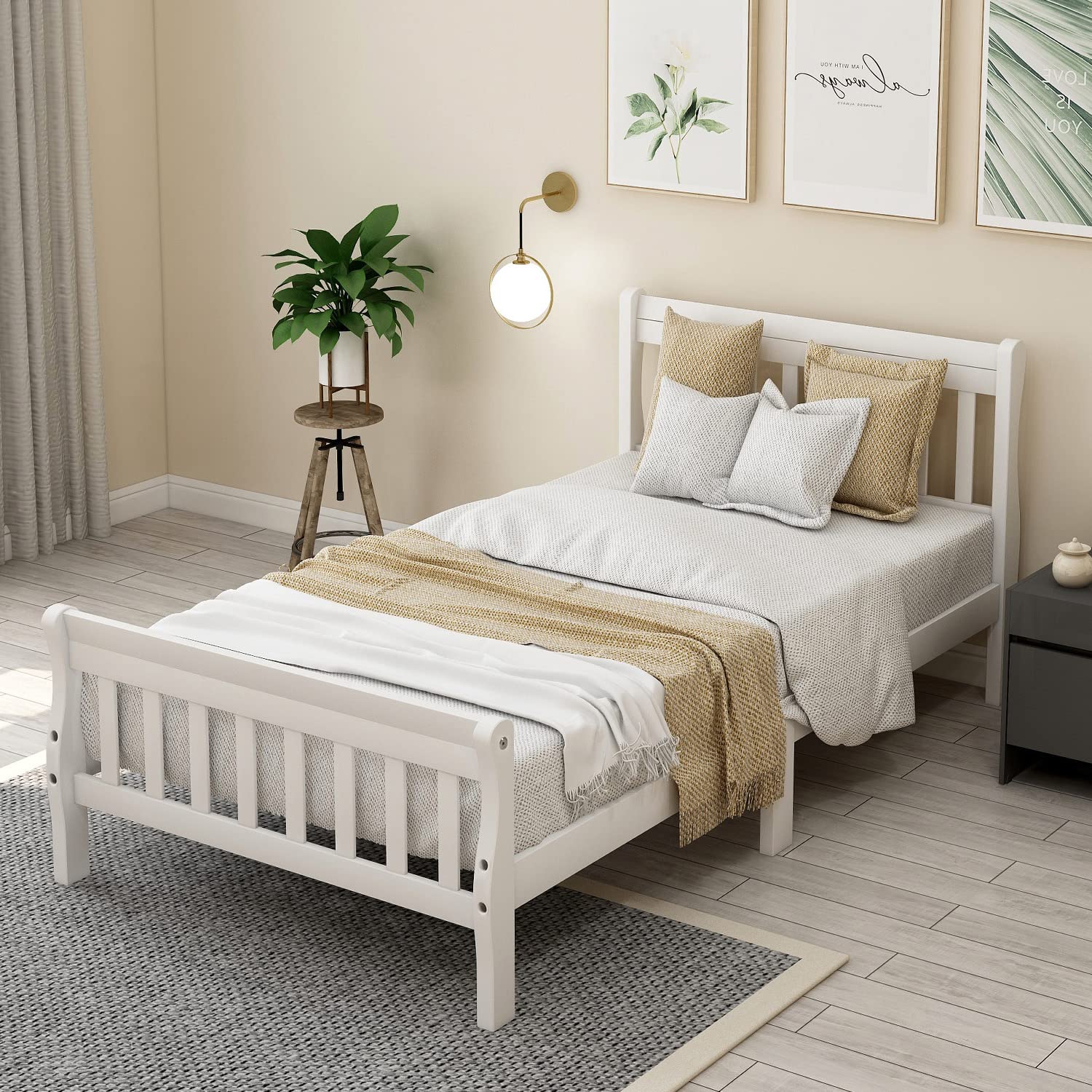 Merax Solid Wood Twin Size Platform Bed Frame with Headboard & Footboard - Sturdy Slat Support, No Box Spring Needed - White Sleigh Bed for Kids, Teens & Guest Rooms