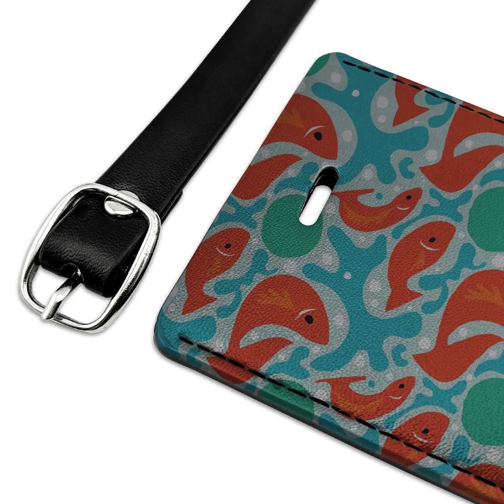 Stylish Orange Fish on Blue Pattern Rectangle Leather Luggage Tag - Durable ID Card Holder for Travel Bags, Suitcases & Backpacks | Perfect for Business Trips, Vacations & Daily Commute