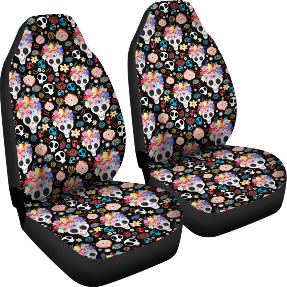 2 Pcs Sugar Skull Car Seat Covers - Universal Fit for Cars, Trucks & SUVs - Durable & Stylish Protection - Perfect for Day of the Dead Decor or Gothic Style Lovers