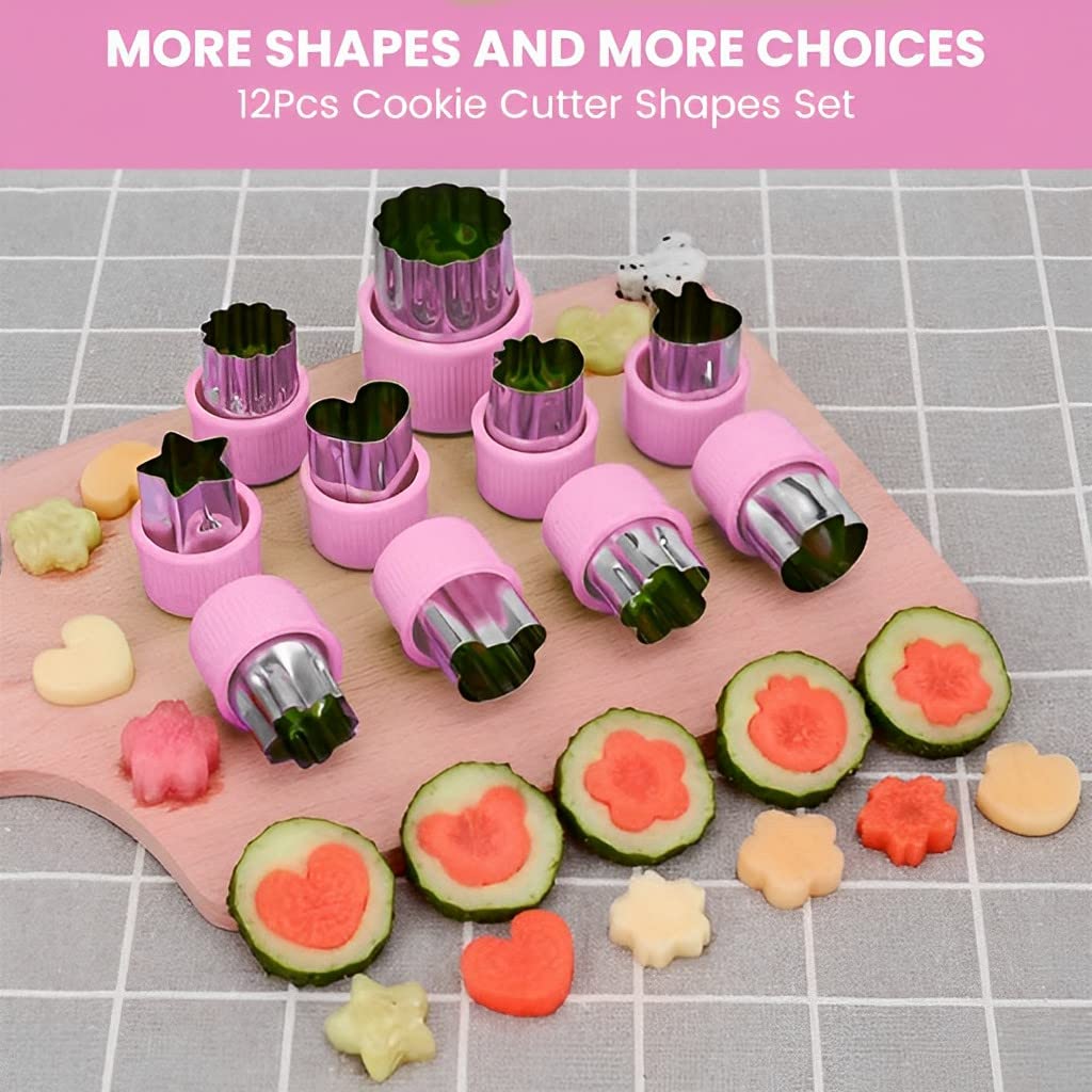 HASTHIP® 12Pcs Stainless Steel Cookie Cutters Set - Fun Shapes for Kids Baking, Fruit & Sandwich Cutters, Embossing Molds for Pastry & Bread - Perfect for Birthday Parties, Holiday Baking & Family Kitchen Activities (Pink)