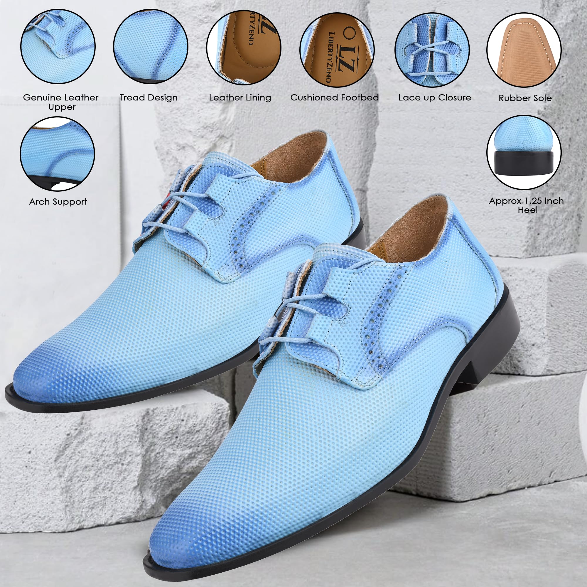 LIBERTYZENO Men's Genuine Leather Oxford Dress Shoes - Plain & Animal Print Blue Lace-Up Formal Shoes for Business, Wedding & Easter Gifts
