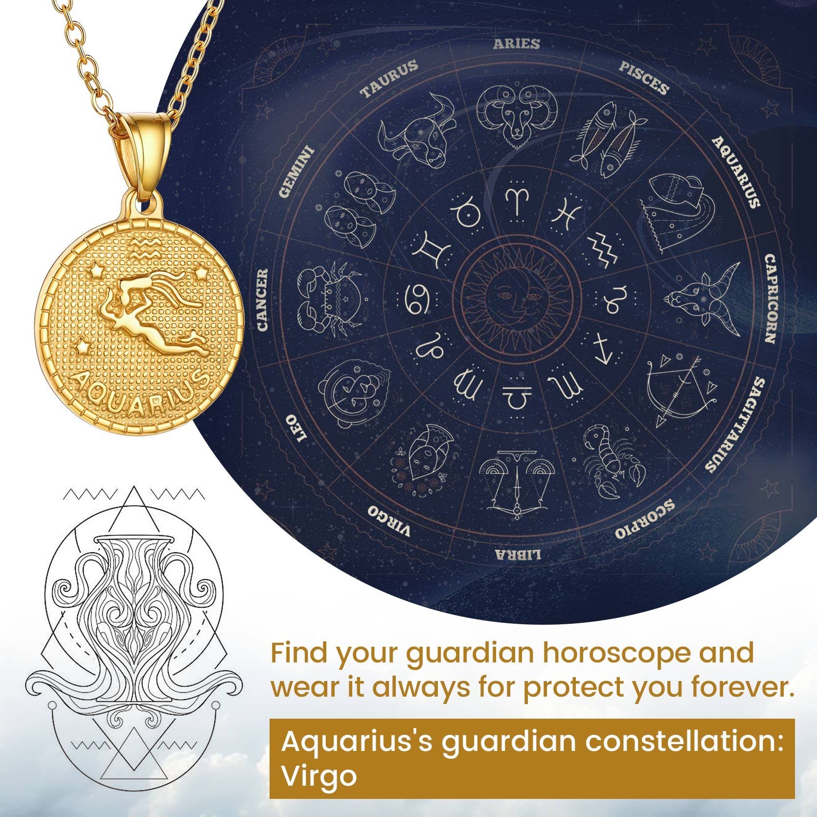 GOLDCHIC Zodiac Necklace for Women & Men - 12 Constellation Coin Horoscope Pendant, Astrology Jewelry Gift for Birthday, Anniversary & Daily Wear