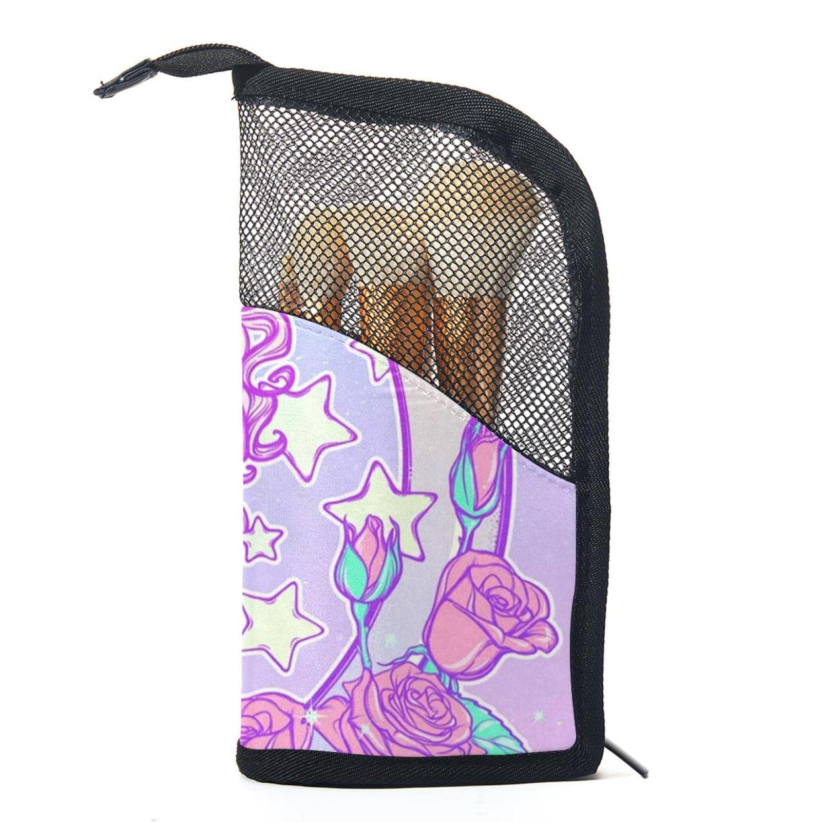 Pastel Flower Moon & Unicorn Makeup Brush Organizer Bag with 12 Brush Holder - Portable Cosmetic Brush Case for Travel, Home Vanity & Professional Makeup Artists