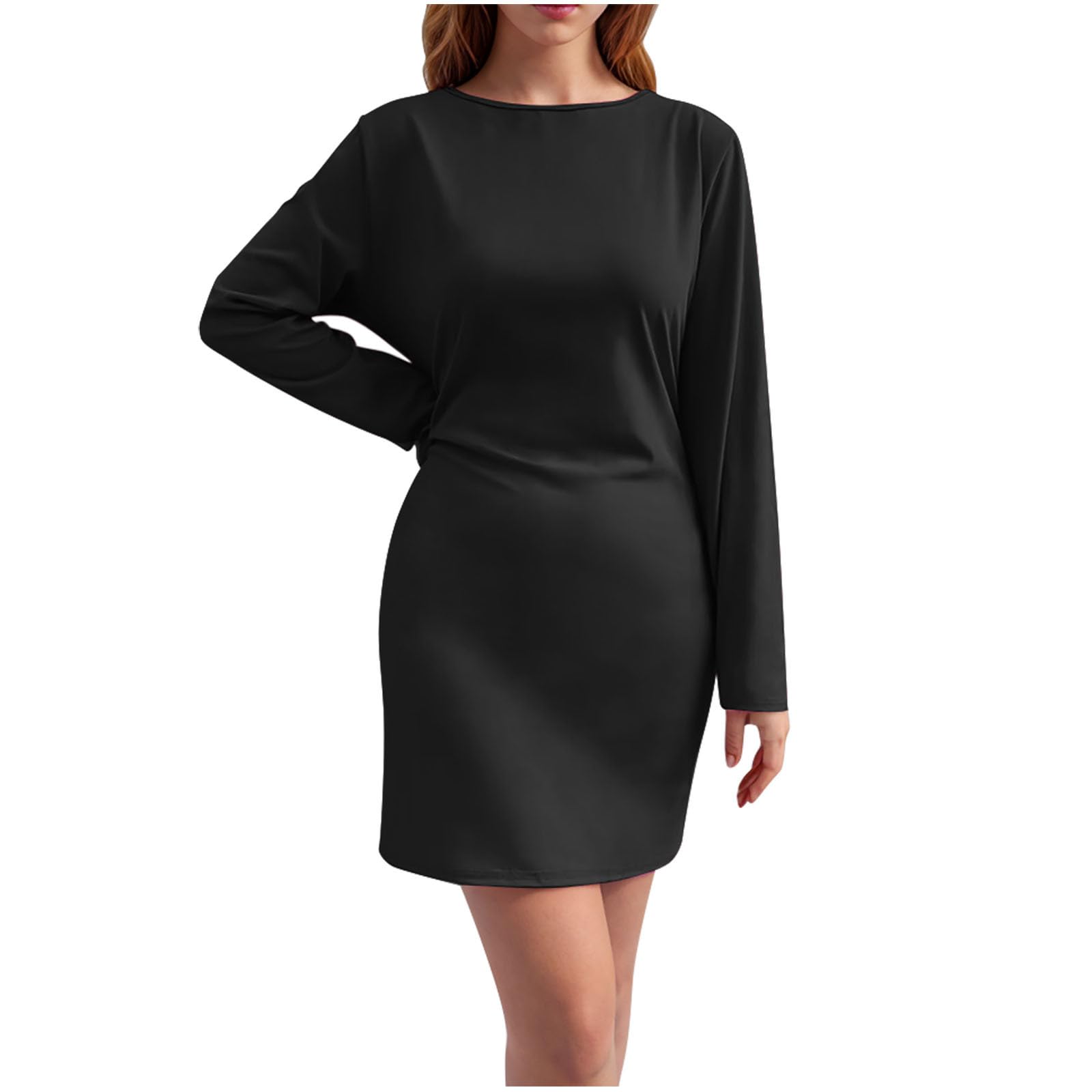 Women's Casual Long Sleeve Crew Neck Solid Color Midi Dress - Elegant Formal & Everyday Wear for Office, Party & Special Occasions