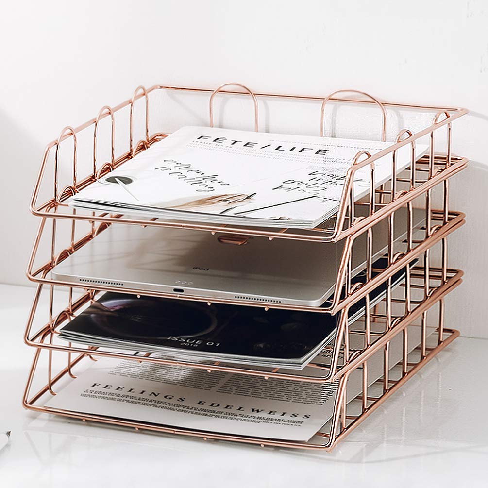 Jolitac 4-Tier Stackable Metal Paper Tray Desk Organizer - Rose Gold File Document Holder for Office & Home Workspace - Perfect for Organizing Mail, Bills, and Office Supplies (Decorative Stacking Rack)