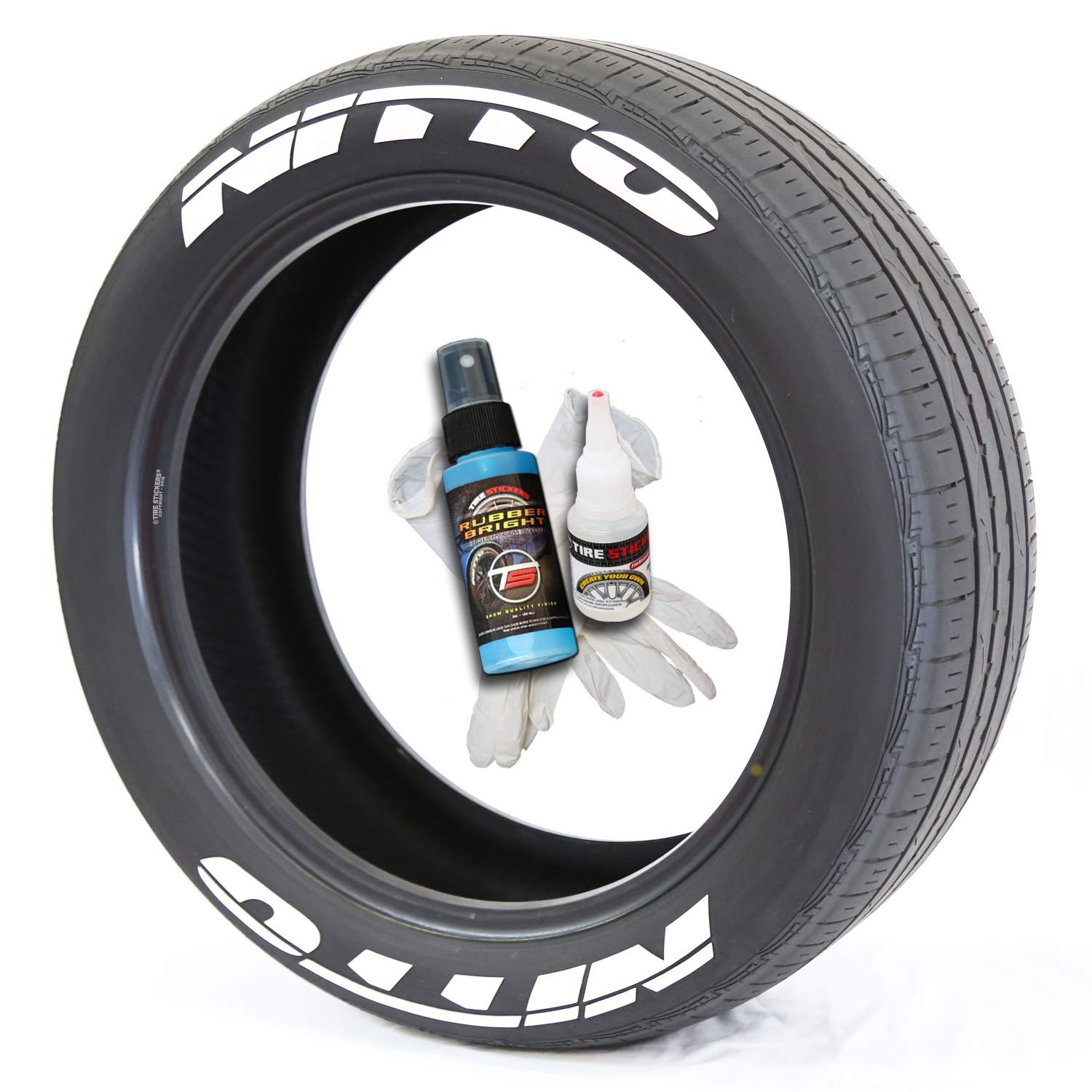 Nitto Tire Lettering Stickers - DIY Permanent Glue-On Rubber Decals for Tires (Includes Glue & 2oz Touch-Up Cleaner) - Fits 17-18 Inch Wheels, 1.5 Inch White Letters - 8 Pack - Perfect for Car Enthusiasts & Custom Vehicle Styling