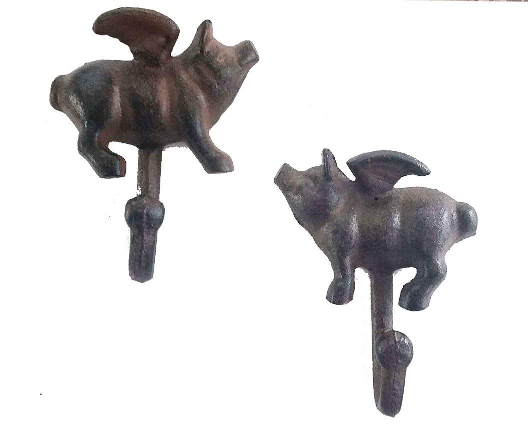 TLT Pair of Flying Pig Hooks - Brushed Brown Cast Iron Wall Hooks for Kitchen, Bathroom & Home Decor - Durable & Stylish Storage Solution