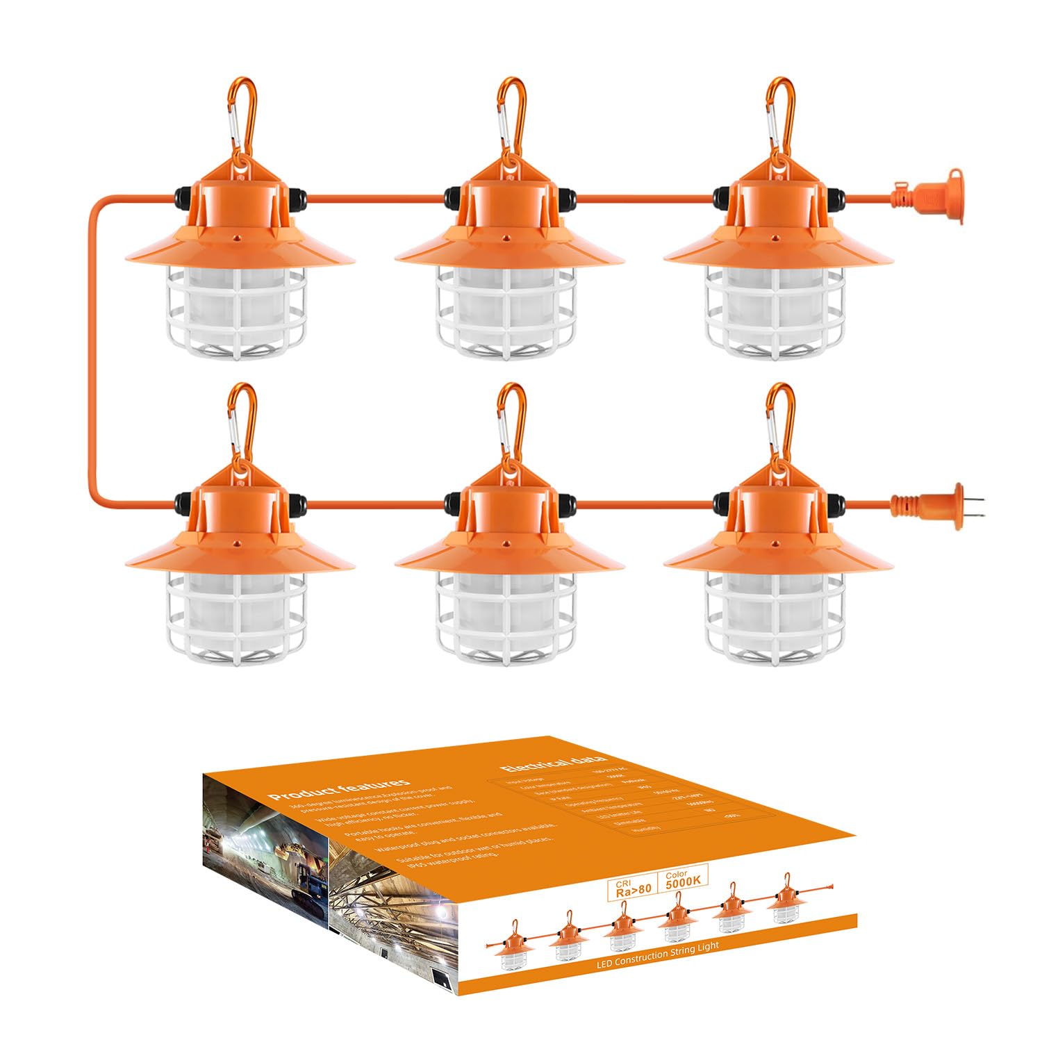90W LED Construction String Lights 60FT 9000 Lumens - Heavy Duty Work Lights with Reflective Cover, Protective Cage & Hooks - Perfect for Job Sites, Attics, Warehouses, Outdoor Lighting & Emergency Work Areas