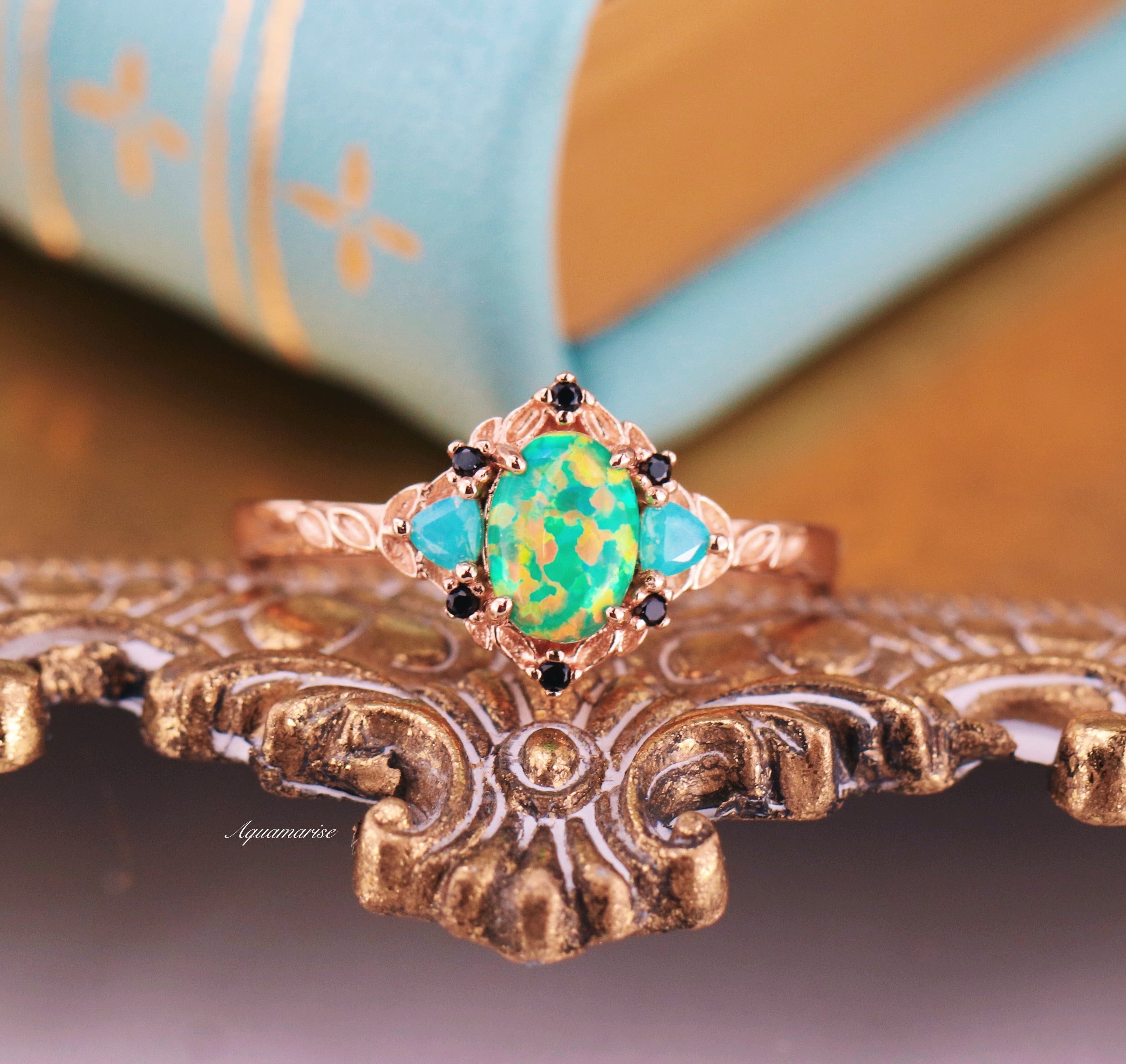 14K Rose Gold Vermeil Green Fire Opal & Opalescent Sapphire Leaf Ring - Elegant Nature-Inspired Jewelry for Women, Perfect for Weddings, Parties & Special Occasions