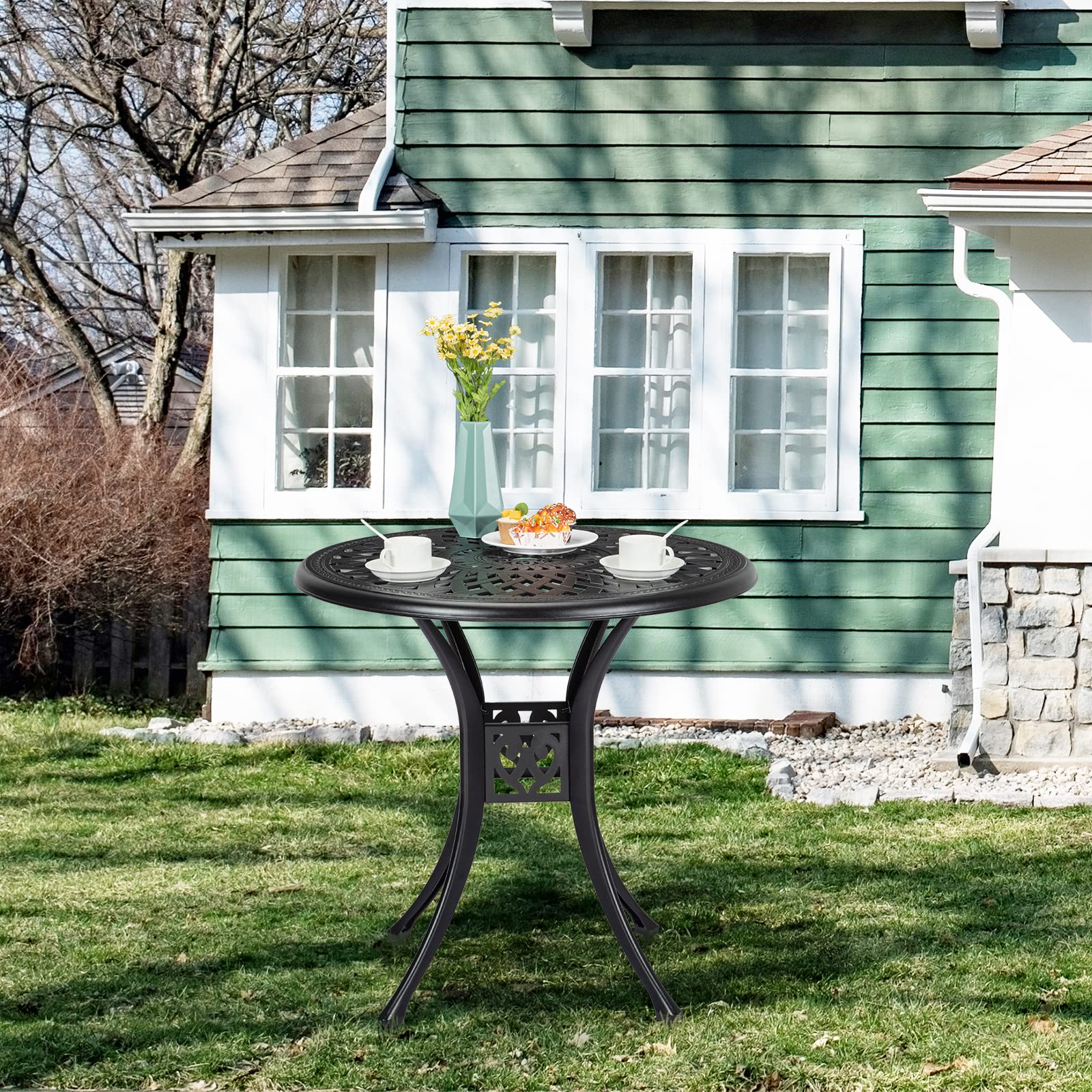 **Rust-Resistant Aluminum Round Patio Bistro Table with Adjustable Foot Pads & Umbrella Hole – Perfect for Outdoor Dining, Balcony, Backyard, and Garden (Black)**