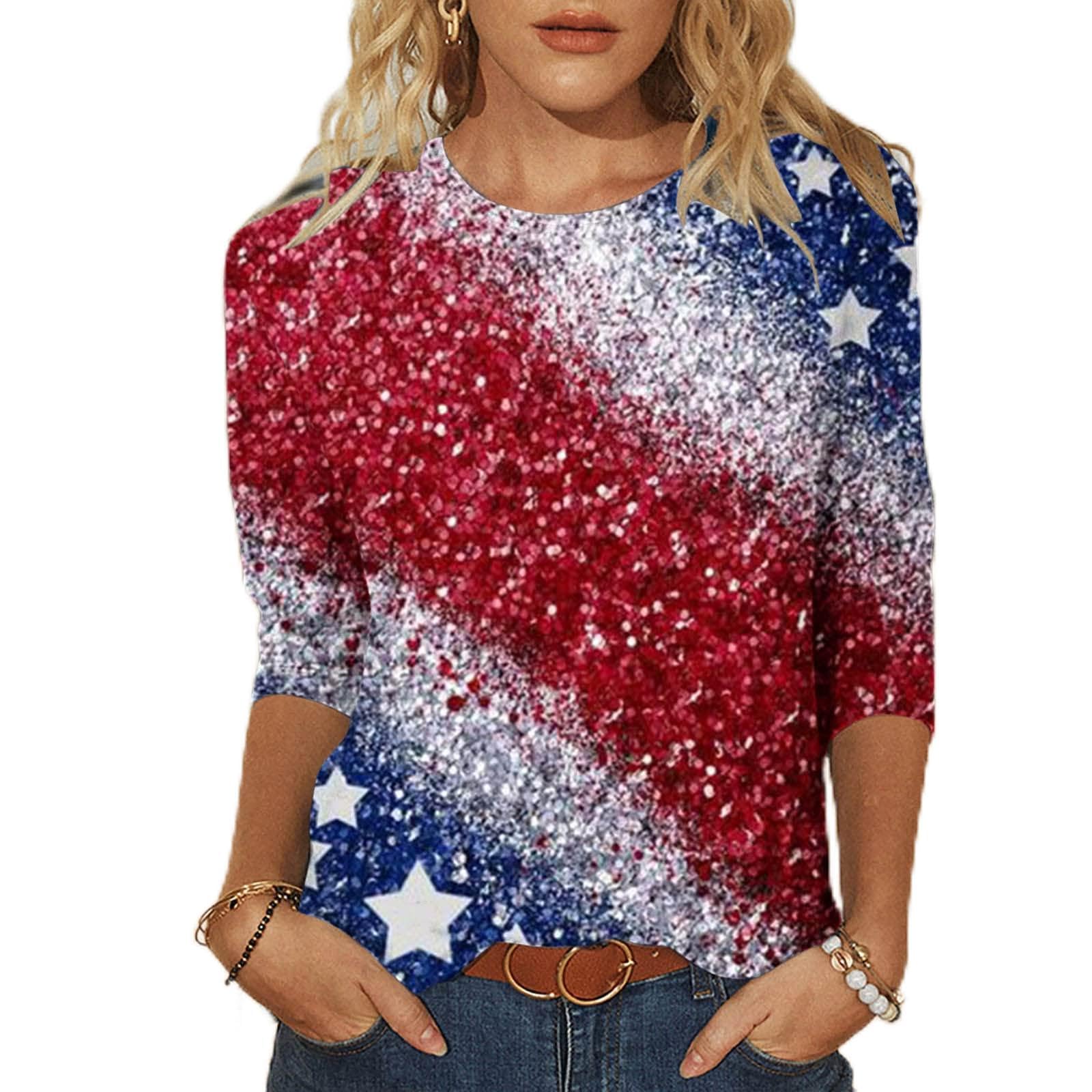 Women's 3/4 Sleeve Patriotic T-Shirt - Red White & Blue USA Flag Shirt for 4th of July | Perfect for Independence Day Celebrations, BBQ Parties & Summer Festivals