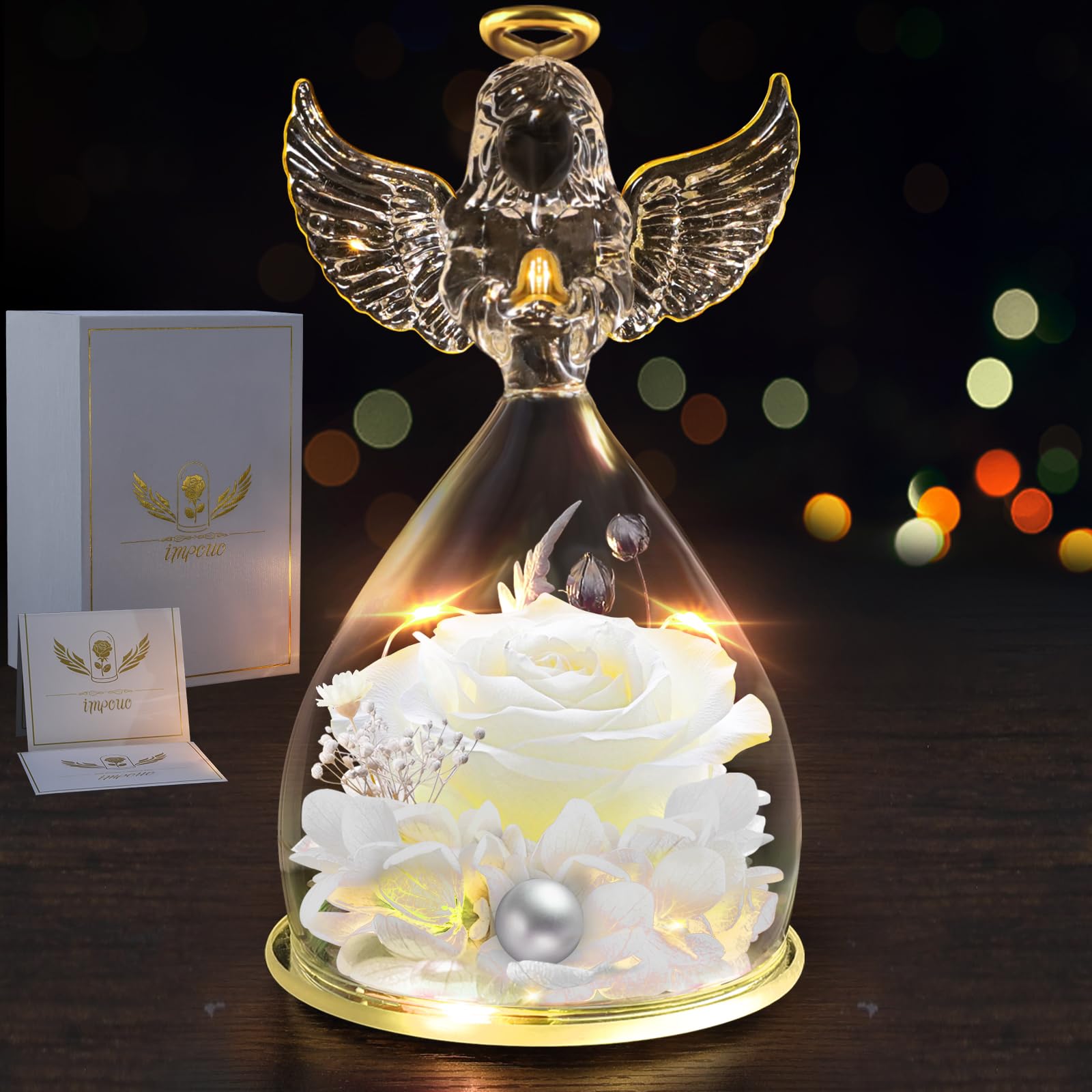Angel Gifts for Women - Preserved Rose Flower in Glass Angel Figurine with LED Light | Perfect for Mother's Day, Christmas, Thanksgiving, Valentine's Day & Birthday Gifts | Thoughtful Present for Grandma, Mom & Wife | Home Decor, Romantic Gift & Special Occasion Keepsake
