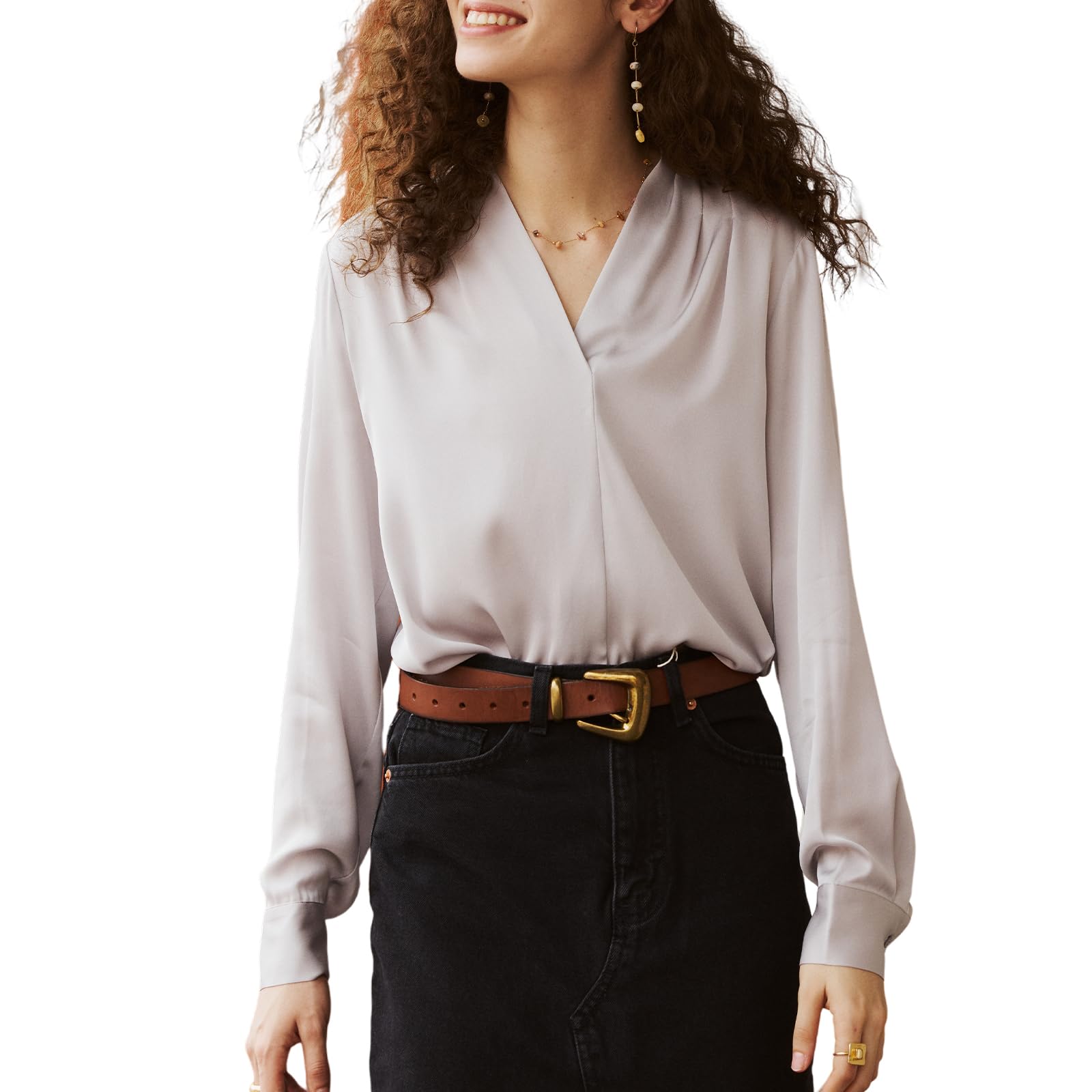 COLD POSH Women's Mulberry Silk Blouse - Elegant Long Sleeve V-Neck Button Down Shirt for Fall & Summer | Luxury Office Wear & Evening Outfits