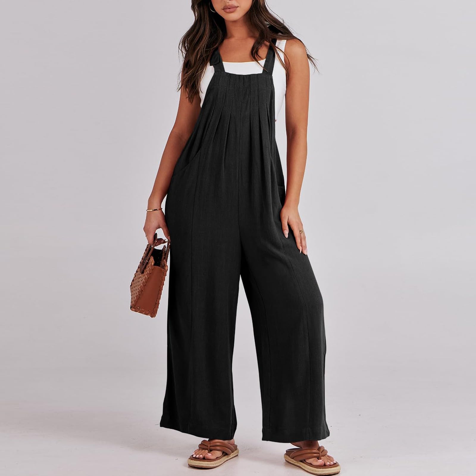 Women's Cotton Linen Overalls - Summer Jumpsuit Romper with Flowy Pants - Boho Chic Casual Outfit for Women 2024 (Al-Black, 3XL) - Perfect for Beach Vacations, Music Festivals and Everyday Boho Style