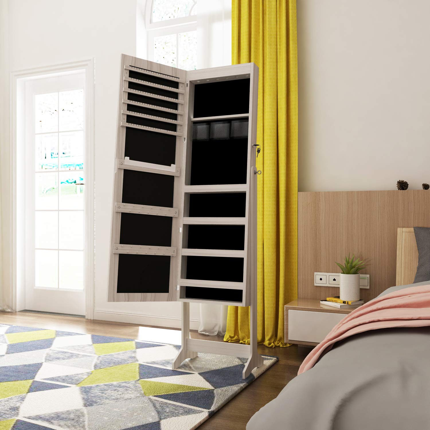 Soges Furniture Lockable Floor Standing Wooden Jewelry Cabinet with Mirror - Armoire Wardrobe Storage Organizer for Bedroom & Closet (White) - Perfect for Jewelry, Watch, and Accessory Organization