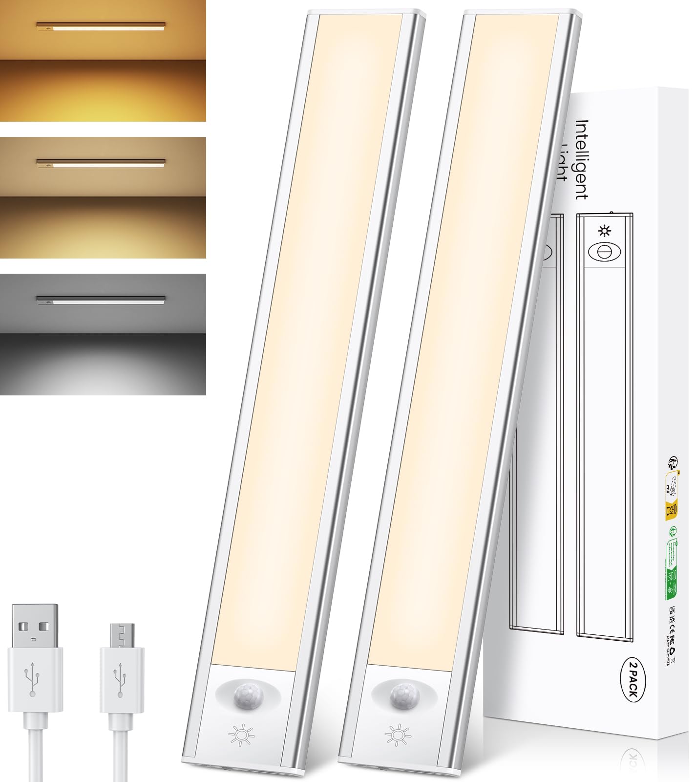 84LED Under Cabinet Kitchen Lights - 2 Pack Motion Sensor Rechargeable Magnetic Lights for Cupboard, Wardrobe, Closet (32cm) | Perfect for Kitchen, Stairway, Hallway & Dark Spaces Lighting