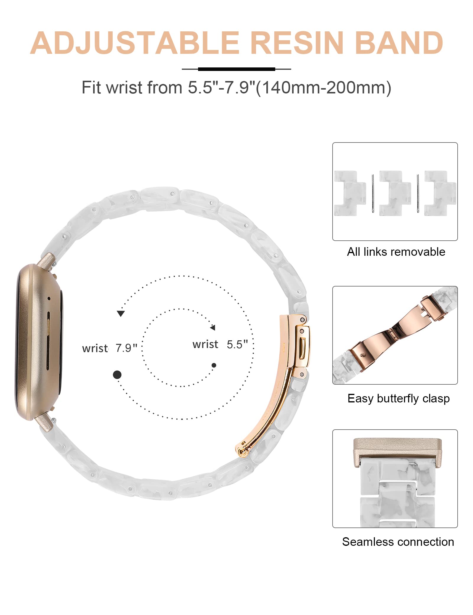 Premium Resin Replacement Band for Fitbit Sense/Sense 2/Versa 3/Versa 4 - Lightweight Comfortable Wrist Strap for Women & Men - Fashionable Fitness Tracker Accessory for Workouts, Running & Daily Wear