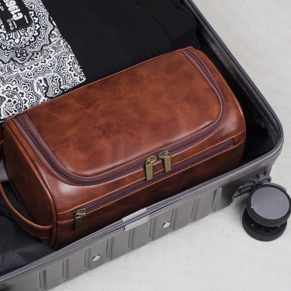 Personalized Monogram PU Leather Travel Toiletry Bag for Men - Custom Embossed Groomsmen Gift, Wedding Shaving Kit & Stylish Dopp Kit Organizer (Brown) - Perfect for Travel, Business Trips & Bachelor Party Essentials