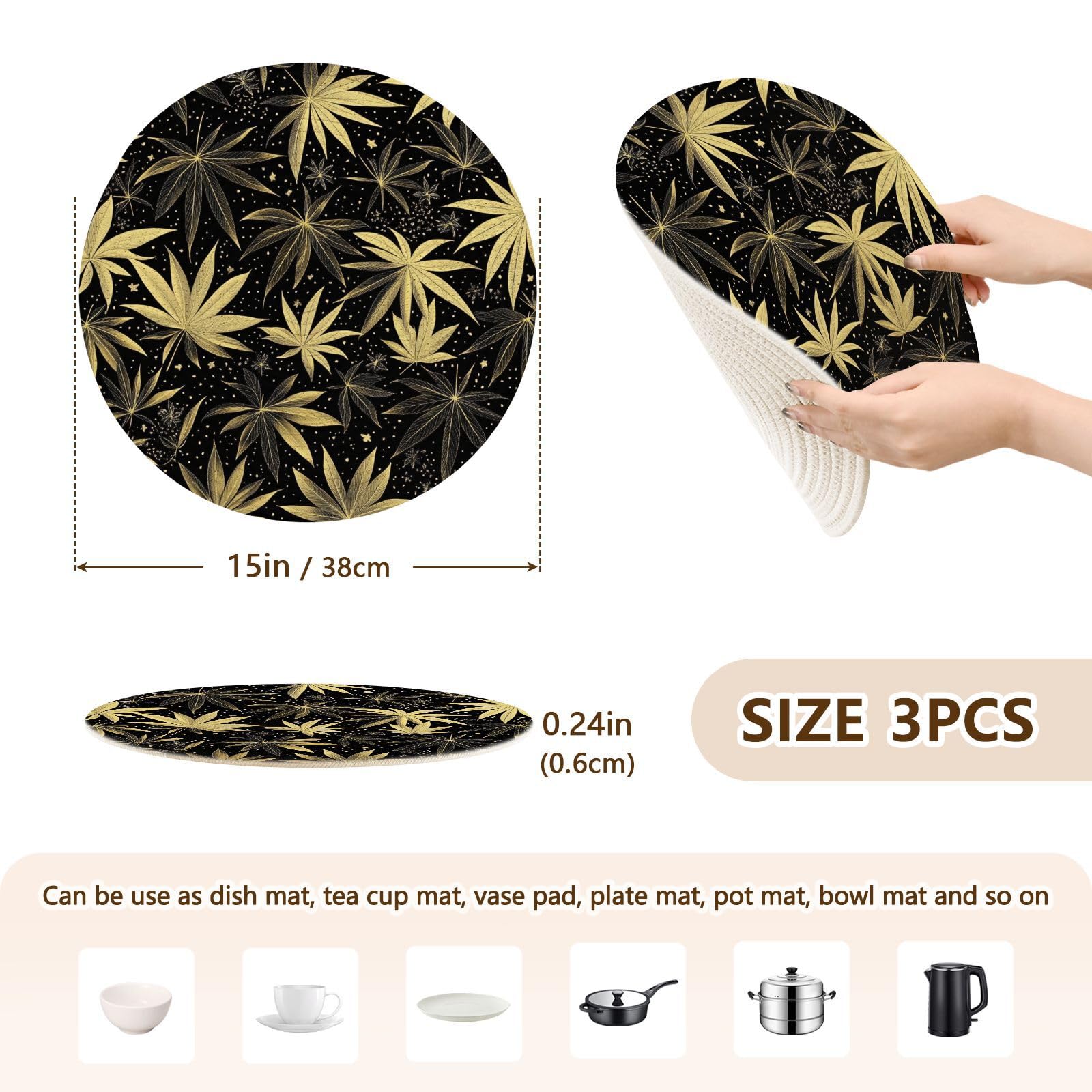 3-Pack Absorbent Cotton Trivets & Table Runner Set - 15 Inch Heat Resistant Hot Pads for Bowls & Dishes - Black & Gold Marijuana Leaf Pattern Kitchen Accessories - Perfect for Dining Tables, Countertops & Holiday Entertaining