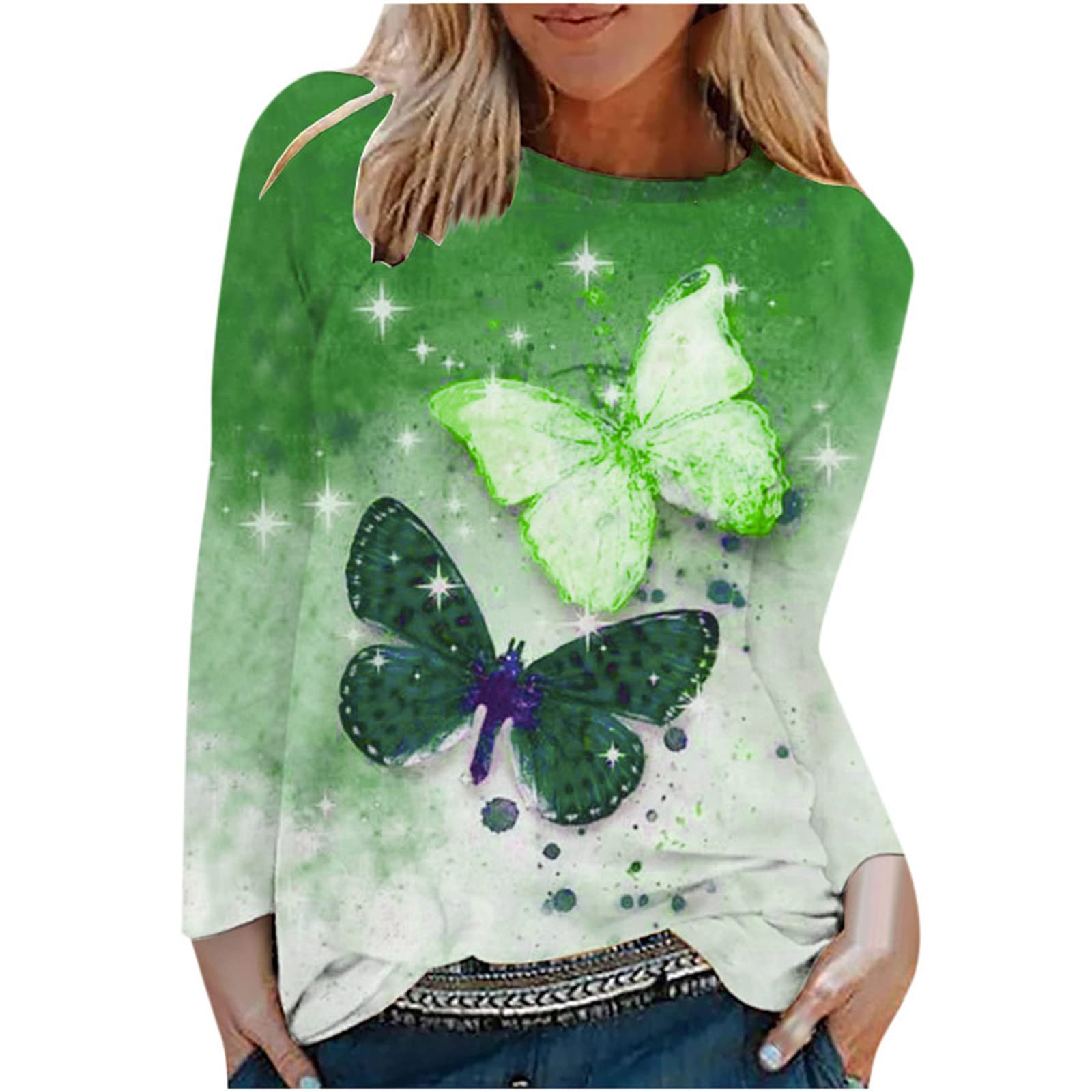 Women's Casual Butterfly Print Long Sleeve T-Shirt - Lightweight Loose Fit Round Neck Blouse for Everyday Wear, Spring Outfits & Weekend Comfort