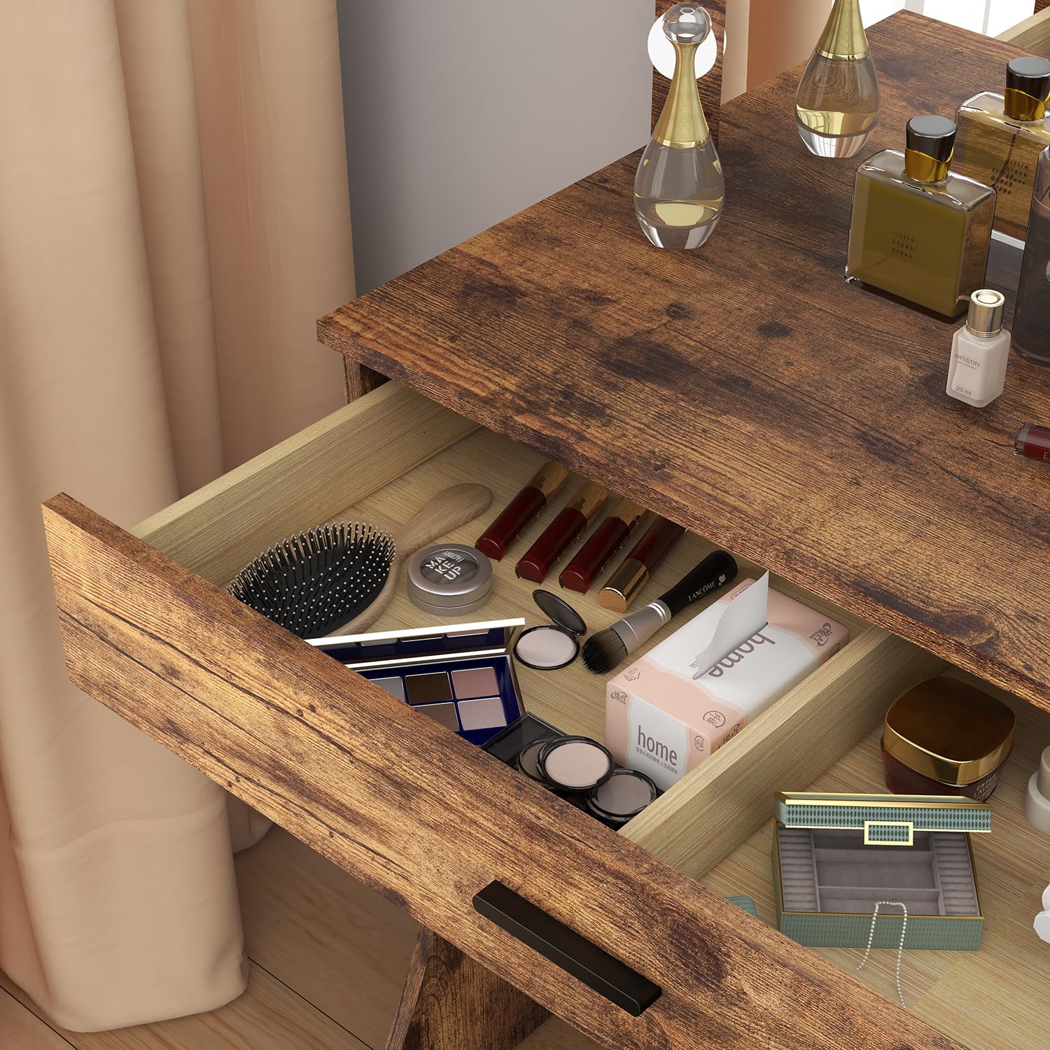 Vanity Desk with Mirror and Adjustable LED Lights, Makeup Vanity Table Set with Storage Drawer & Stool - Elegant Brown Dressing Table for Bedroom | Perfect for Beauty Routine, Makeup Application & Home Decor