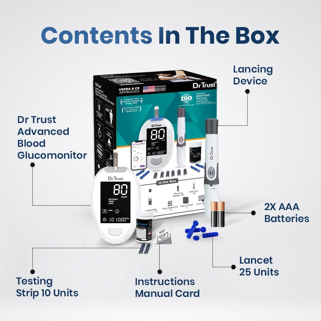 Dr Trust USA Gold Standard Glucometer - Accurate Blood Sugar Testing Machine (White) with 25 Test Strips | Home Diabetes Monitoring for Adults & Seniors