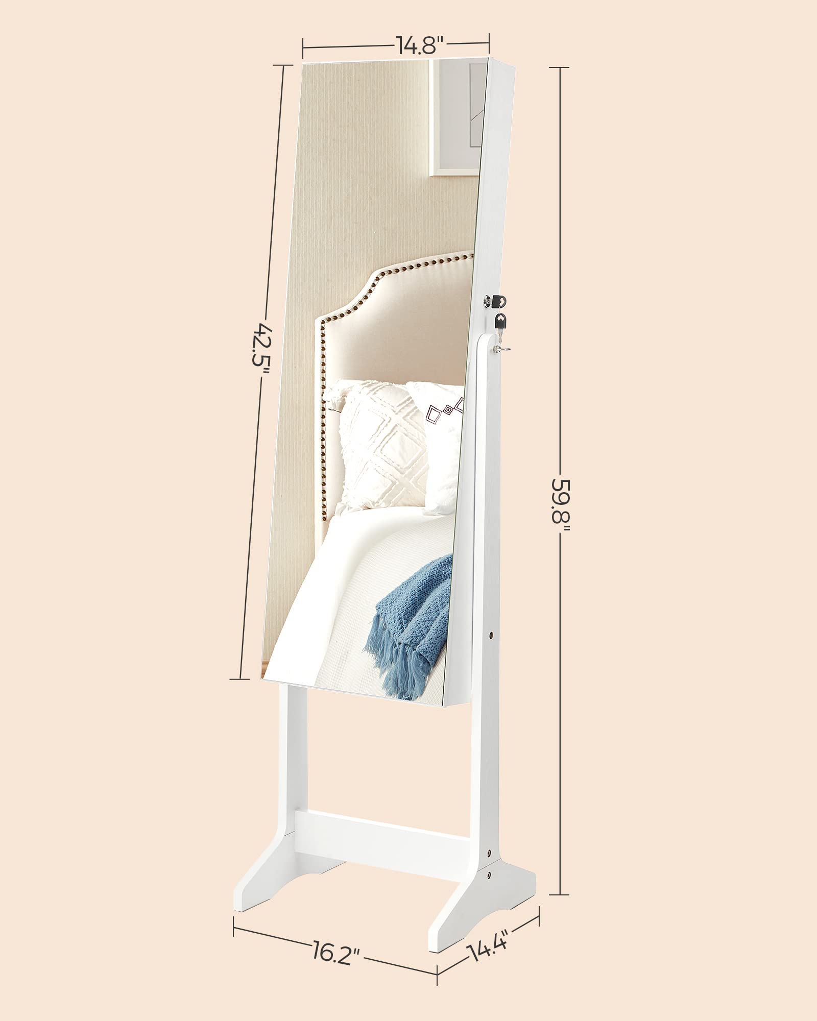SONGMICS Jewelry Cabinet Armoire with Lock - Freestanding Jewelry Organizer with 2 Cosmetic Drawers & Full-Length Mirror - Necklace & Earring Storage - White UJJC002W01 - Perfect for Bedroom, Dressing Room & Closet Organization