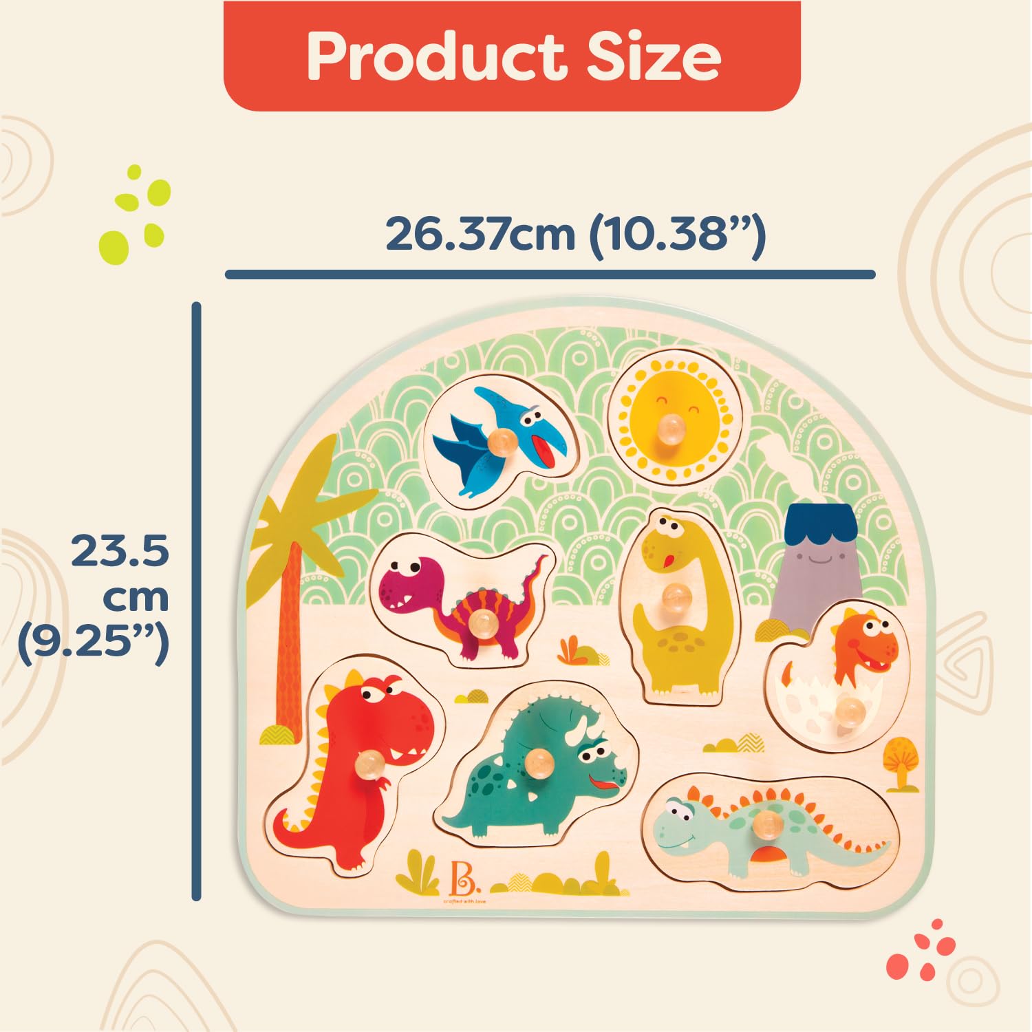 B. Toys Wooden Peg Puzzle 2-Pack - Dinosaur & Farm Animal Puzzles for Toddlers (18+ Months) - 8-Piece Educational Learning Toys for Kids - Perfect for Preschool Activities & Early Childhood Development