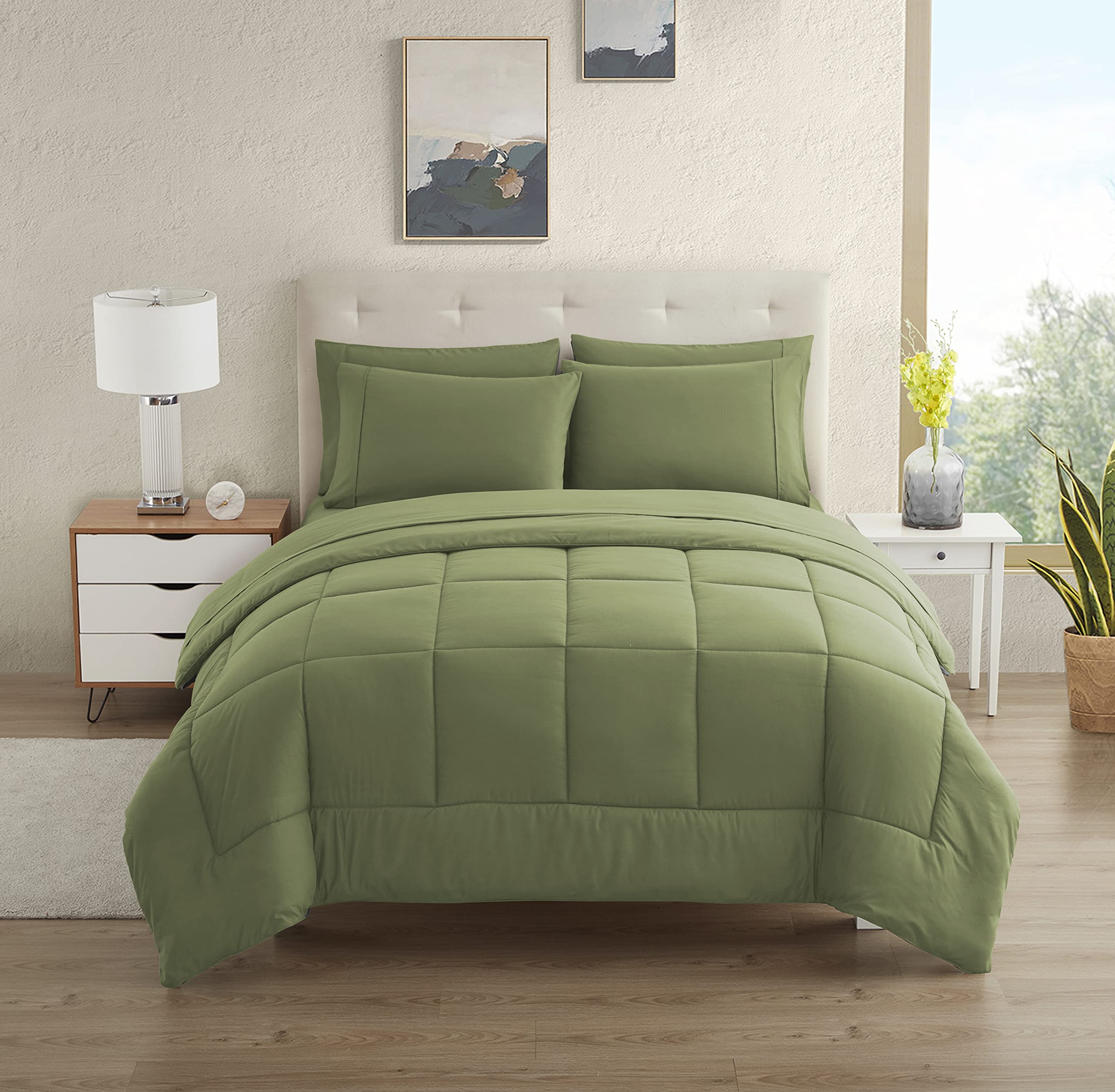 5-Piece Twin Size College Bedding Comforter Set - Sage Green Dorm Room Essentials for Boys & Girls | Perfect for College Students' Bed in a Bag | Ideal for Dorm Rooms, First Apartments & Teen Bedrooms